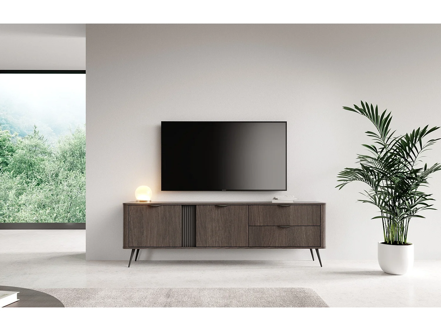 TV-Lowboard Terzo 2D 2S mit Schubladen und Rillendekor - Eiche Dunin und Schwarz