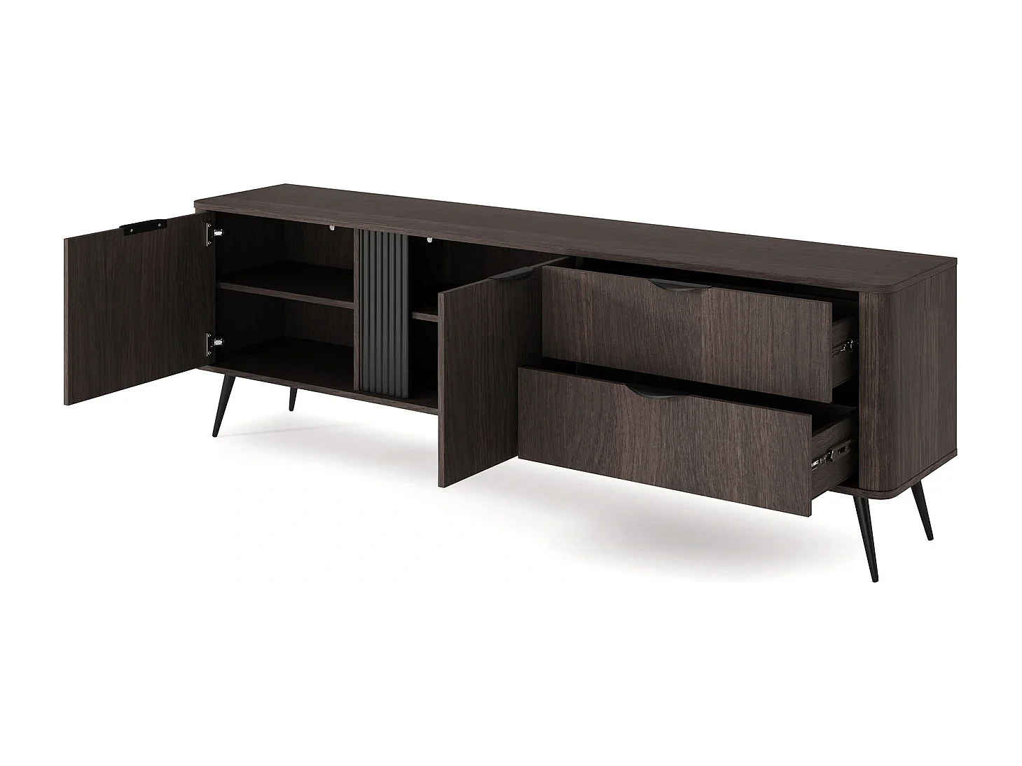 TV-Lowboard Terzo 2D 2S mit Schubladen und Rillendekor - Eiche Dunin und Schwarz