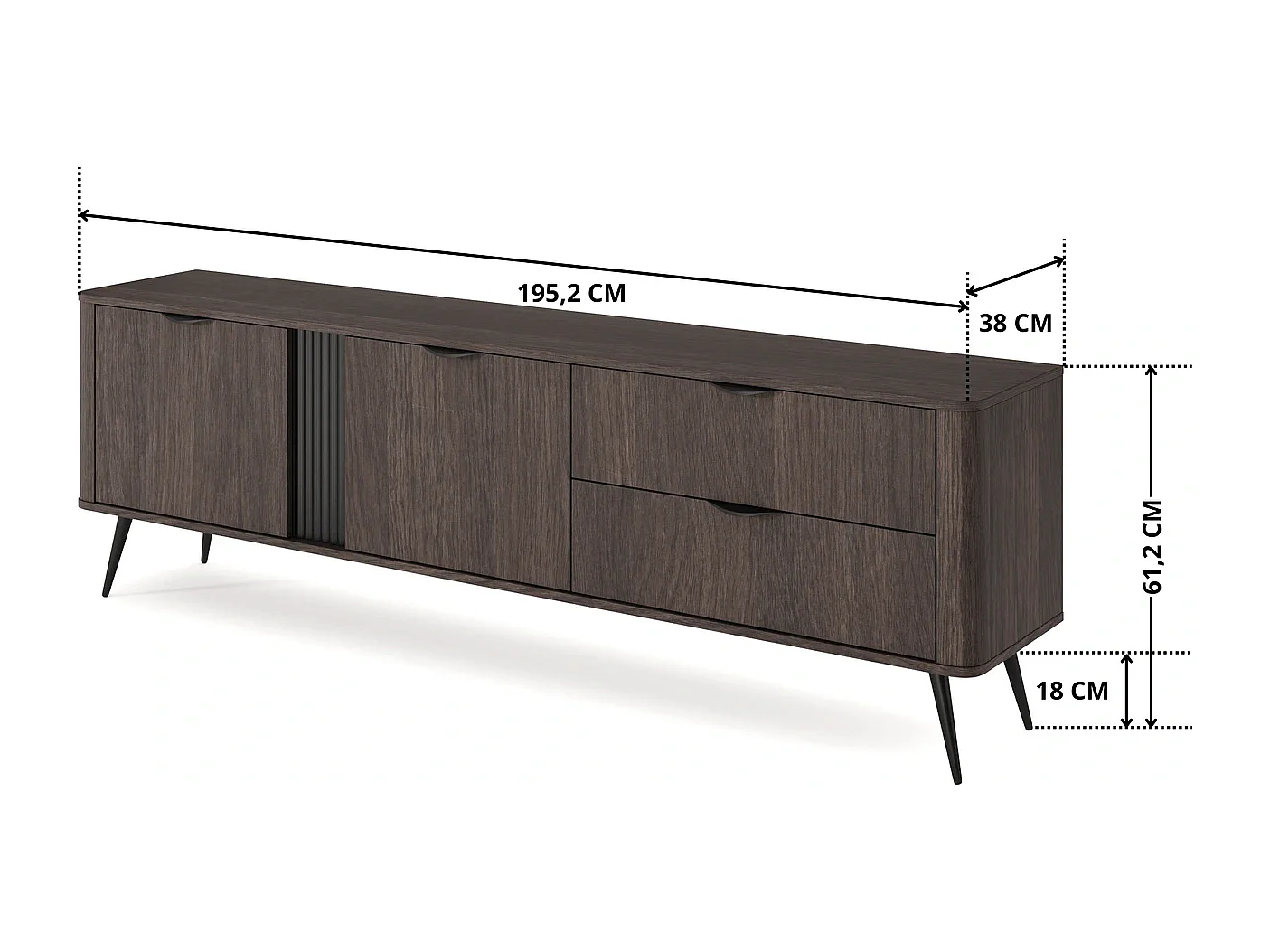 TV-Lowboard Terzo 2D 2S mit Schubladen und Rillendekor - Eiche Dunin und Schwarz