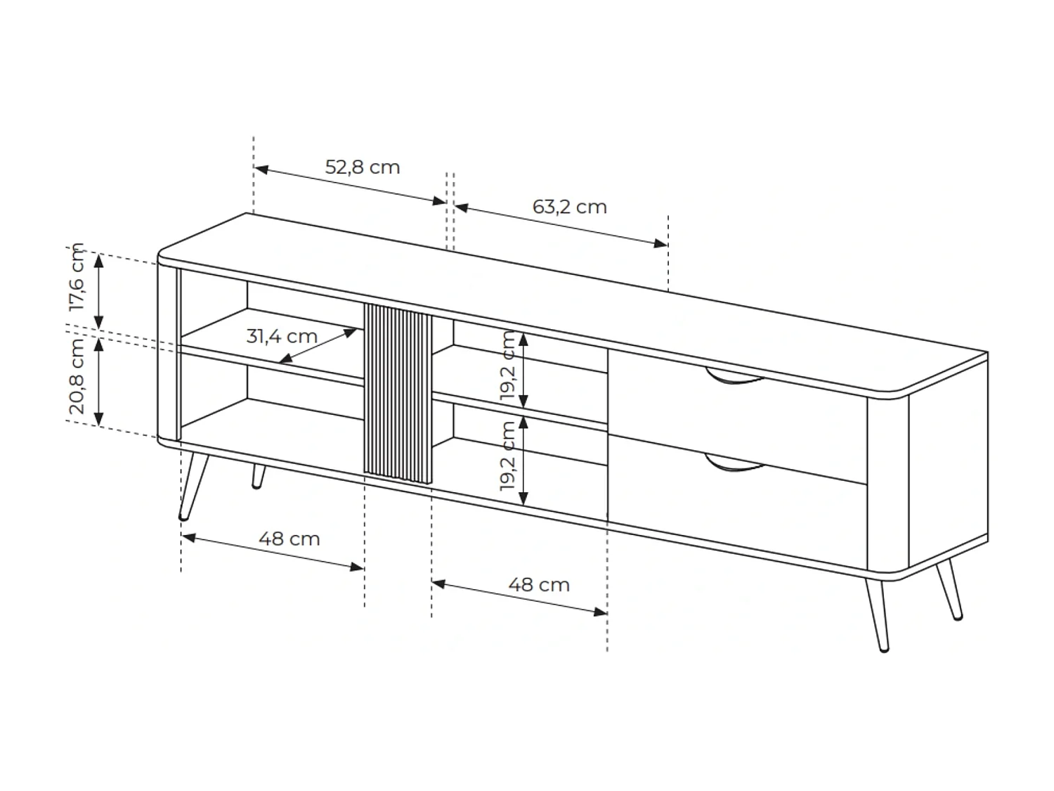 TV-Lowboard Terzo 2D 2S mit Schubladen und Rillendekor - Eiche Dunin und Schwarz