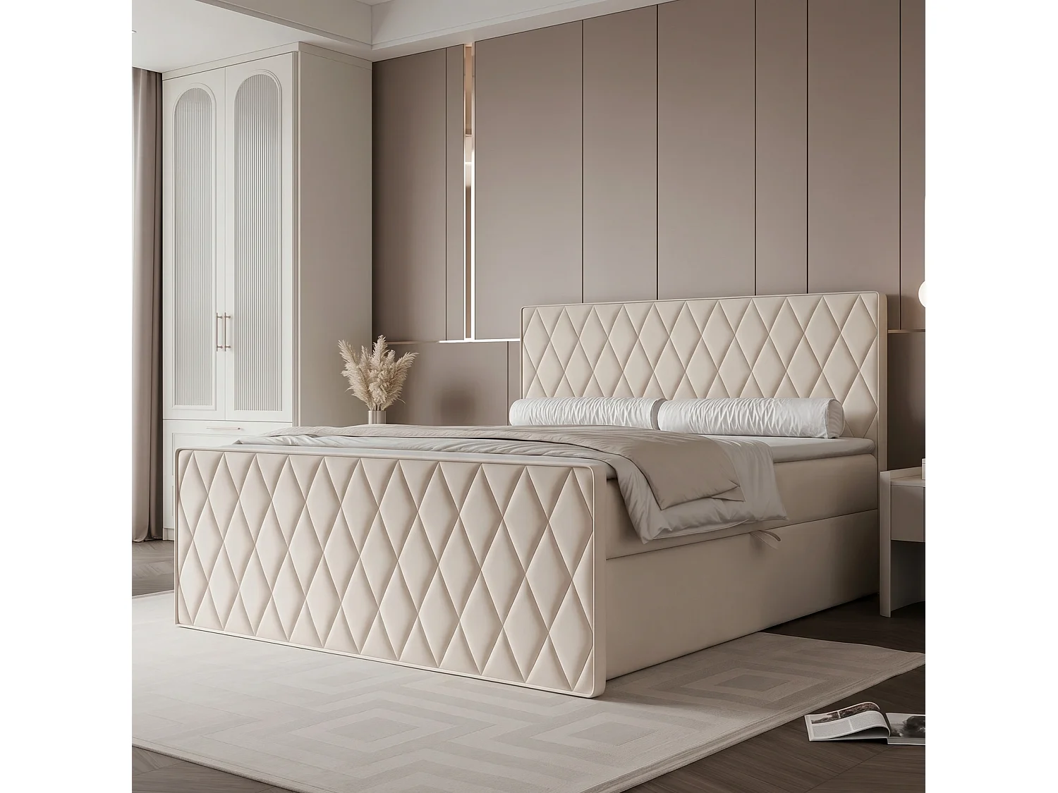 Lit Boxspring PONTI III 140x200 cm avec 2 Coffres, Matelas et Matelassage Losanges - Crème (Velours)