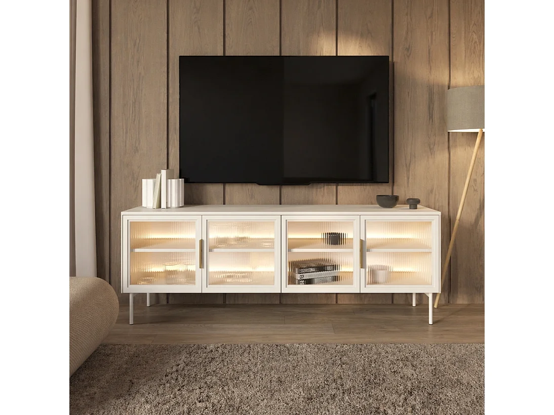 TV-Meubel LUMI 181 cm - Kasjmier Kleur, 4 Glazen Deuren (Geribbeld Glas) en LED