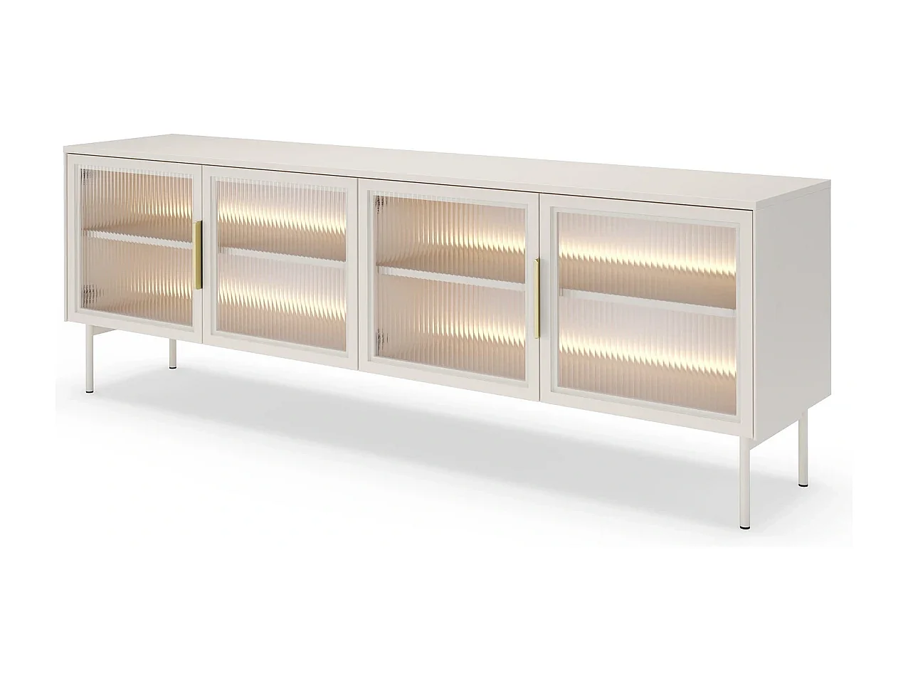 TV-Meubel LUMI 181 cm - Kasjmier Kleur, 4 Glazen Deuren (Geribbeld Glas) en LED