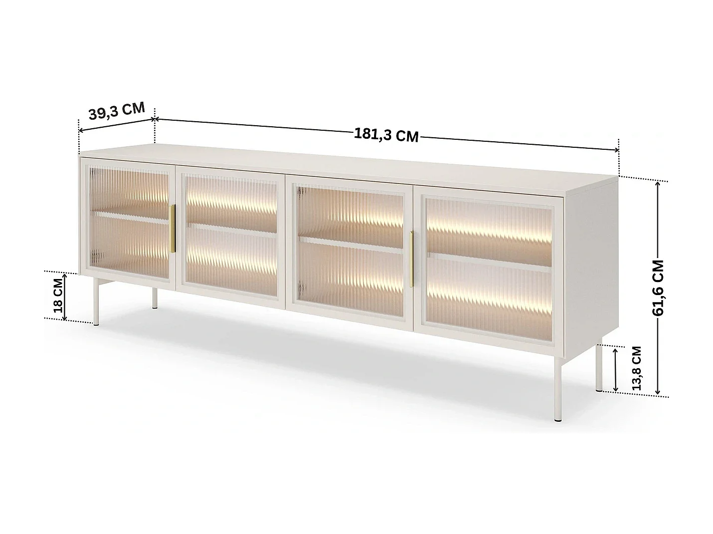 TV-Meubel LUMI 181 cm - Kasjmier Kleur, 4 Glazen Deuren (Geribbeld Glas) en LED