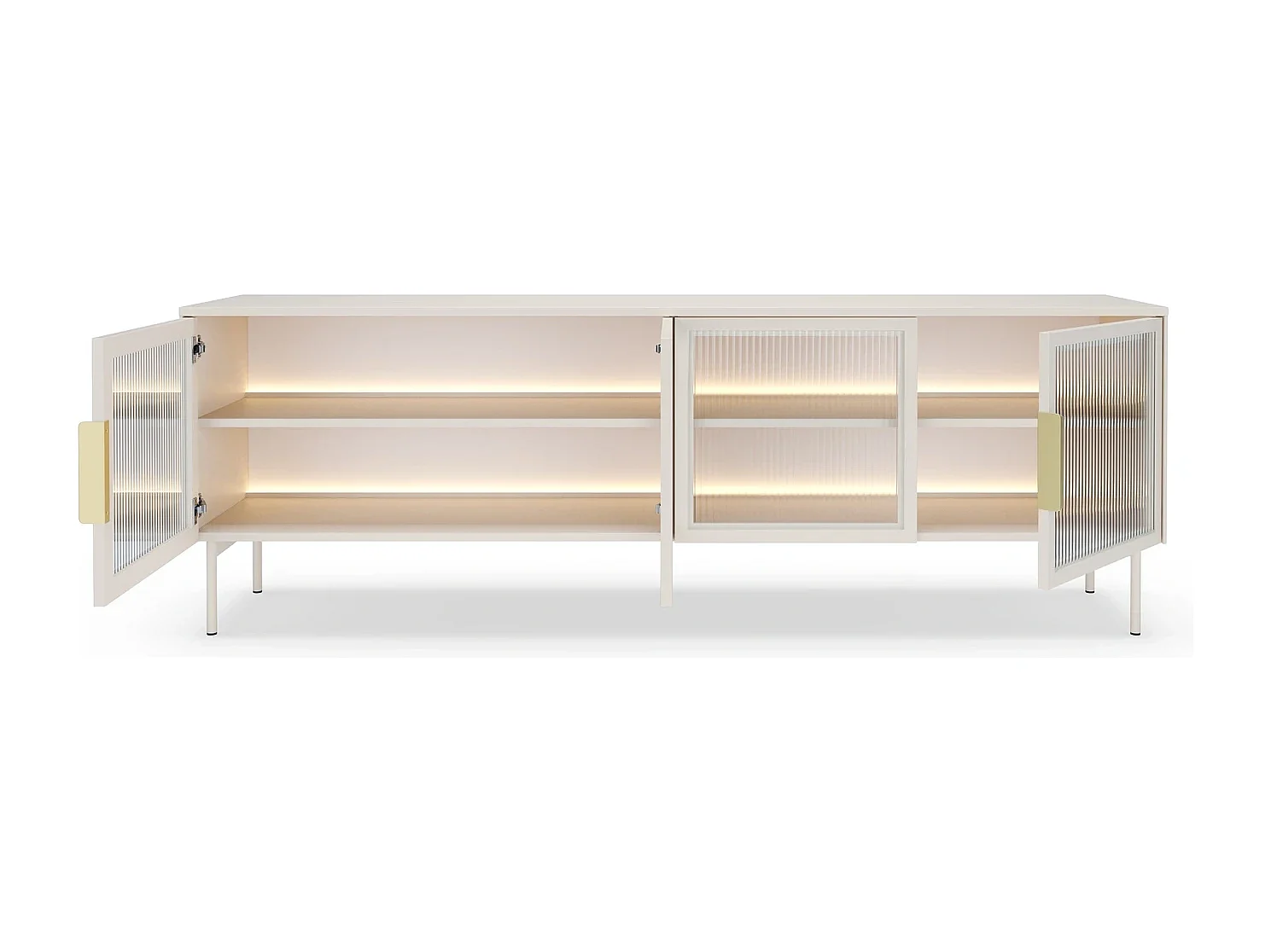TV-Meubel LUMI 181 cm - Kasjmier Kleur, 4 Glazen Deuren (Geribbeld Glas) en LED