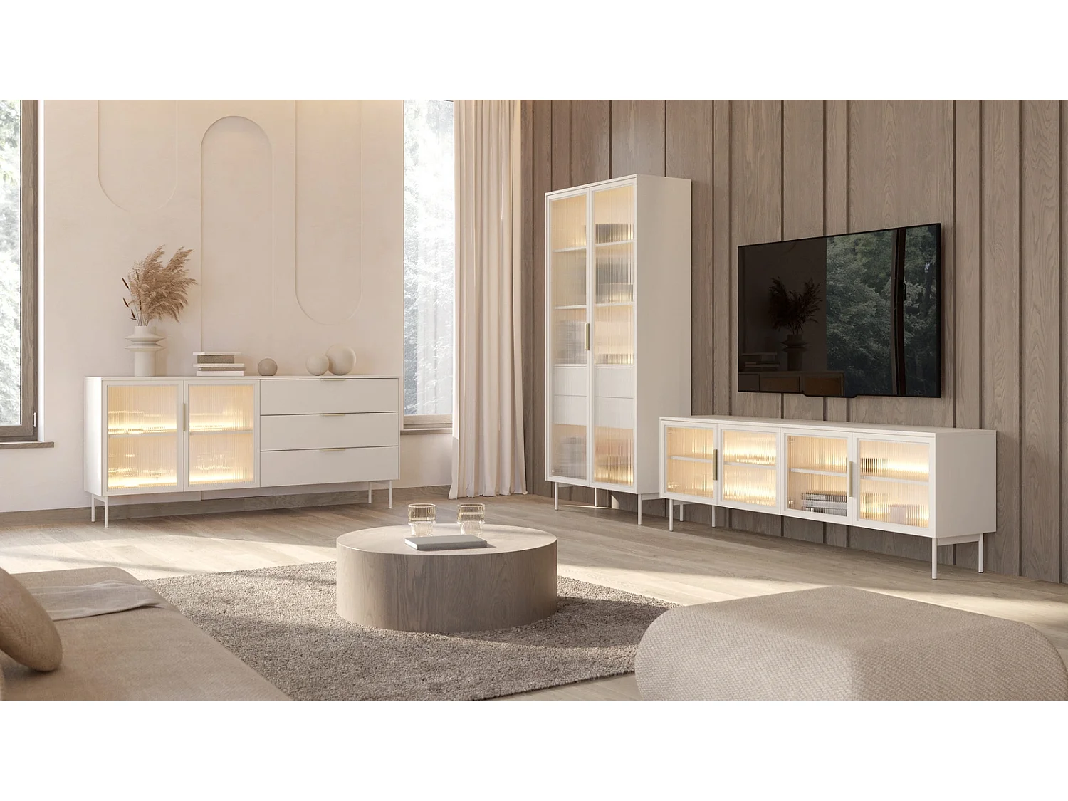 TV-Meubel LUMI 181 cm - Kasjmier Kleur, 4 Glazen Deuren (Geribbeld Glas) en LED