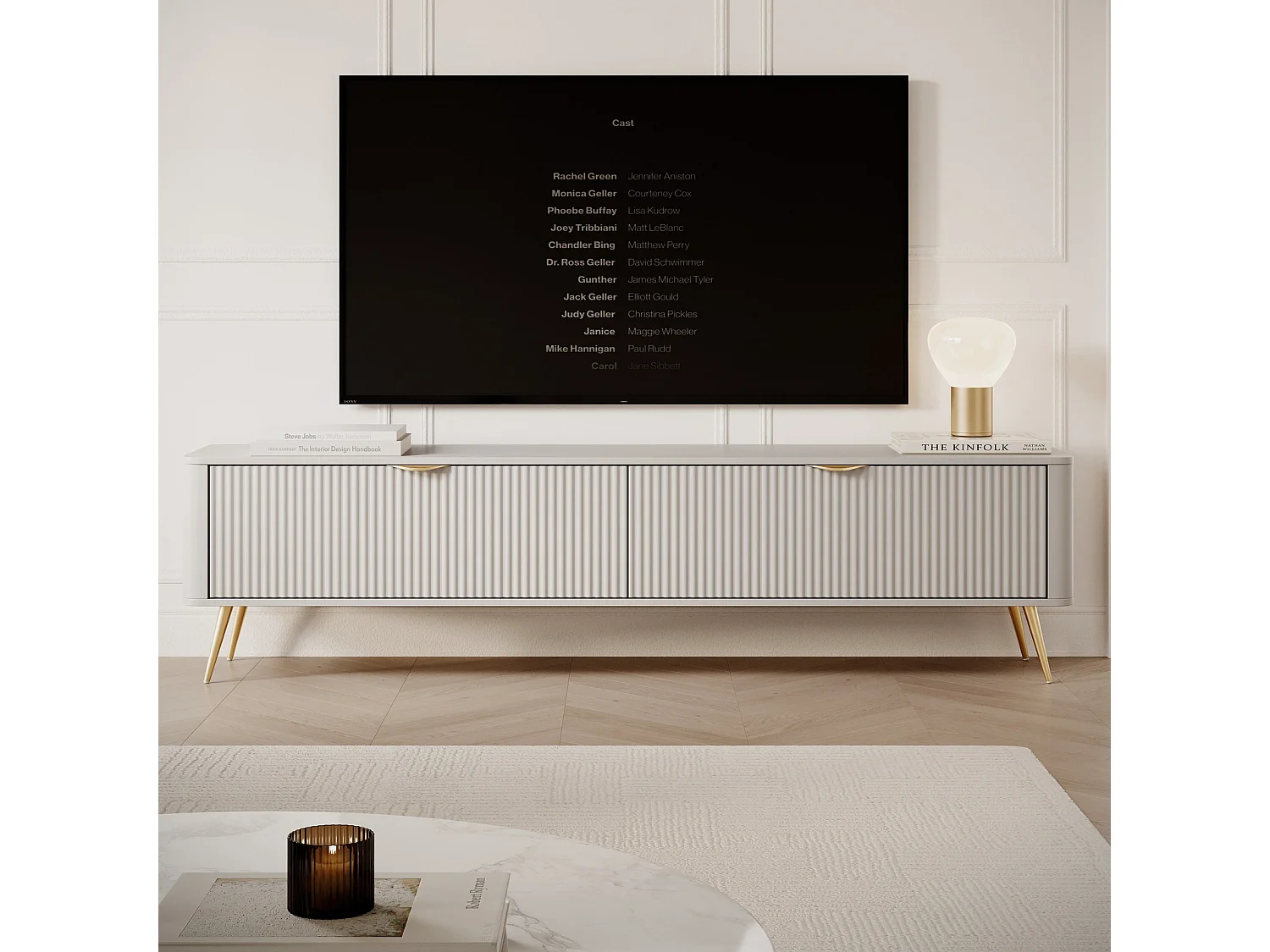 TV-meubel 200 cm met Geroffelde Fronten en Gouden Poten - Beige en Goud