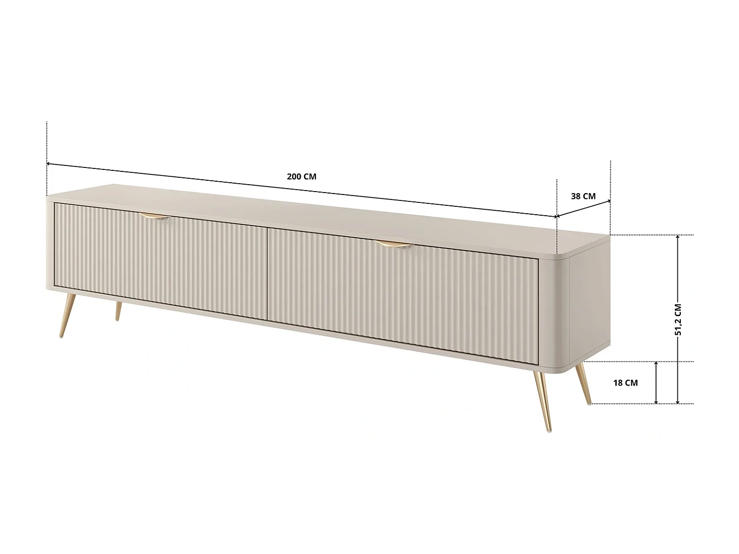 TV-meubel 200 cm met Geroffelde Fronten en Gouden Poten - Beige en Goud