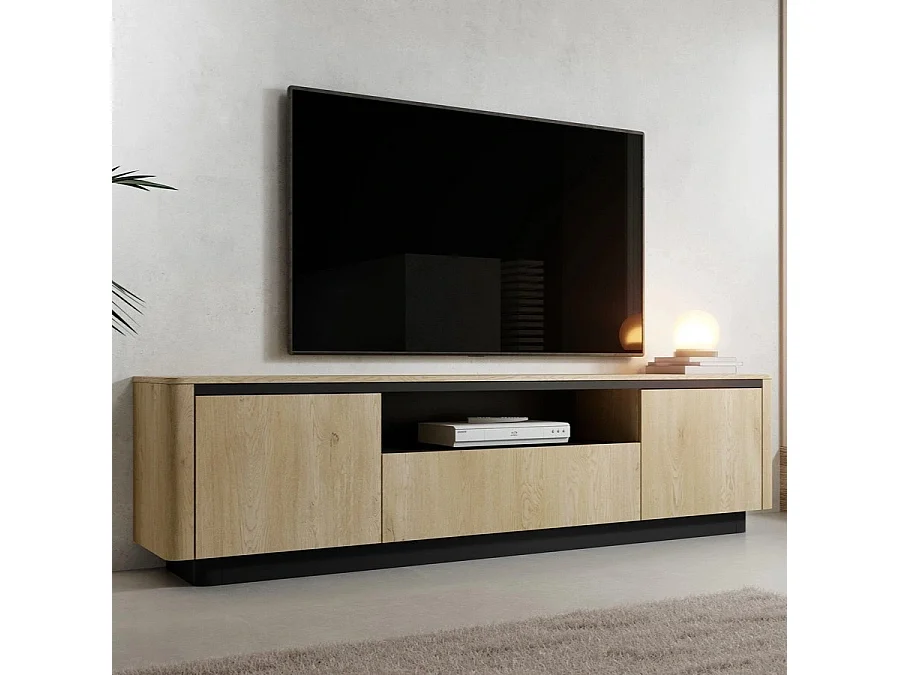 TV-Meubel breed TORRO 200 cm - Cremona Eiken en Zwart, 3 Deuren, Afgerond Design