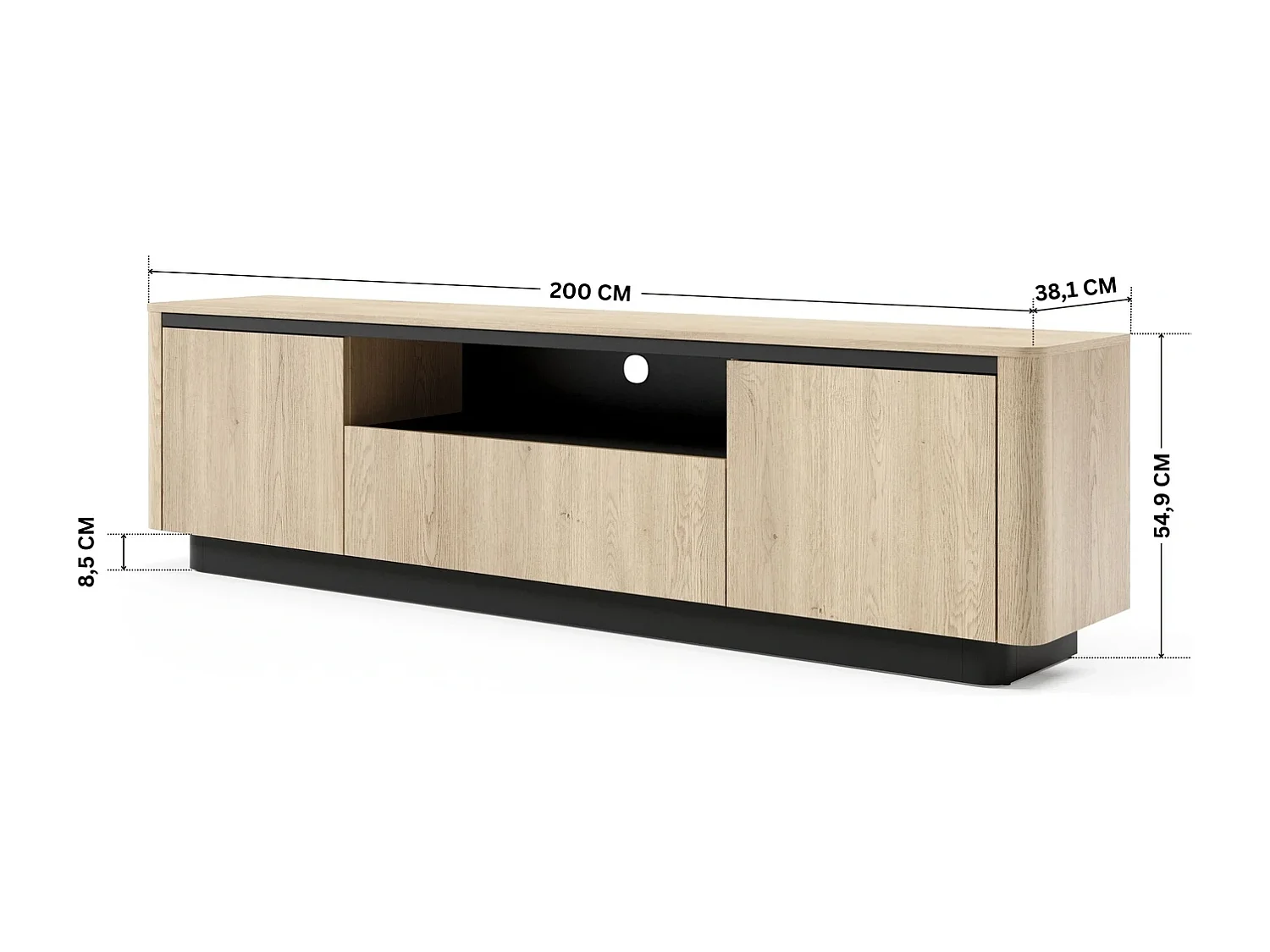 TV-Meubel breed TORRO 200 cm - Cremona Eiken en Zwart, 3 Deuren, Afgerond Design