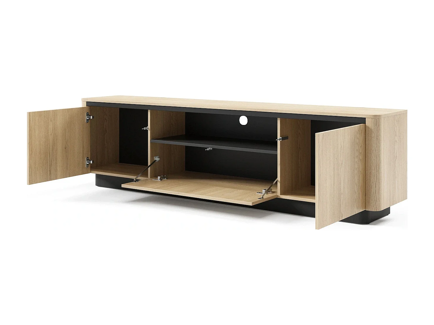 TV-Meubel breed TORRO 200 cm - Cremona Eiken en Zwart, 3 Deuren, Afgerond Design
