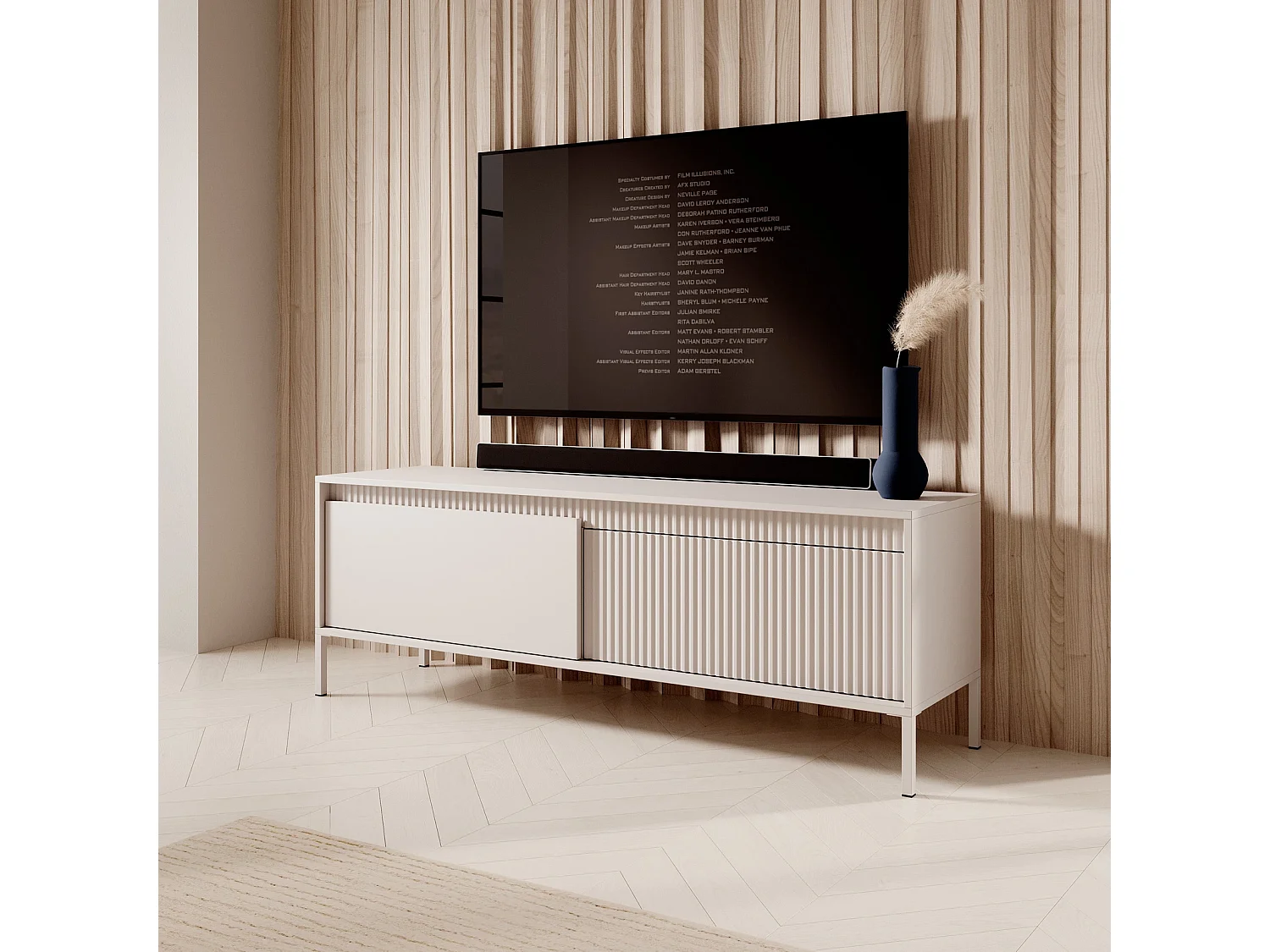 TV-meubel Ferrato D 153 cm met 2 Deuren, Geroffelde Fronten en Metalen Poten - Beige