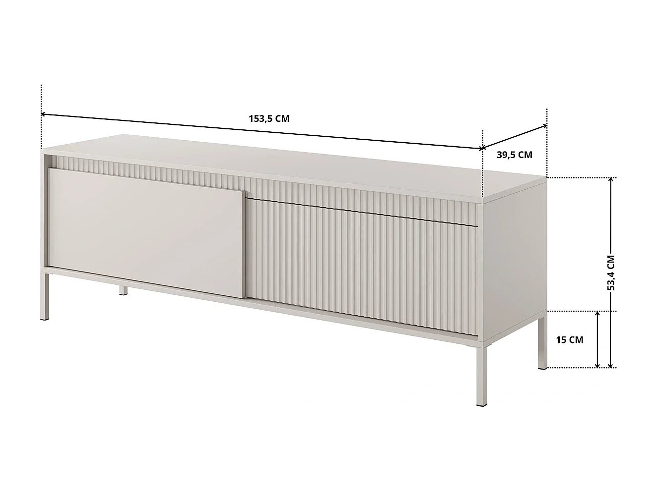 TV-meubel Ferrato D 153 cm met 2 Deuren, Geroffelde Fronten en Metalen Poten - Beige
