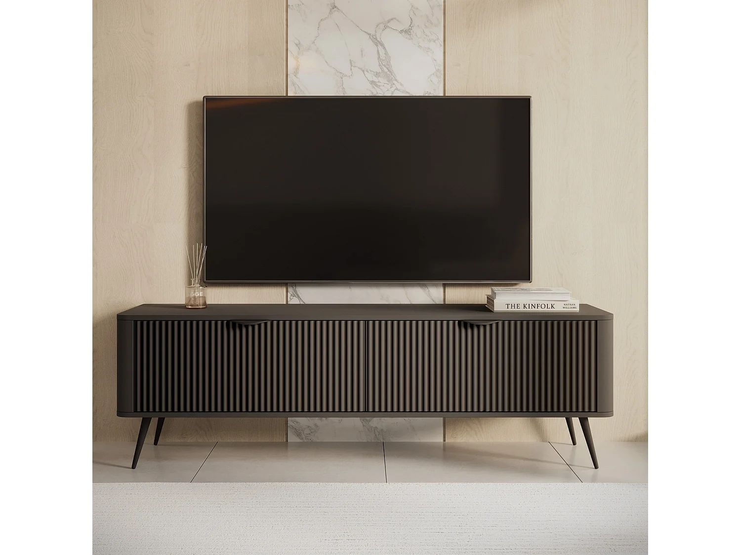 TV-meubel Flore met Geroffelde Fronten en Metalen Poten - Zwart - 163 cm