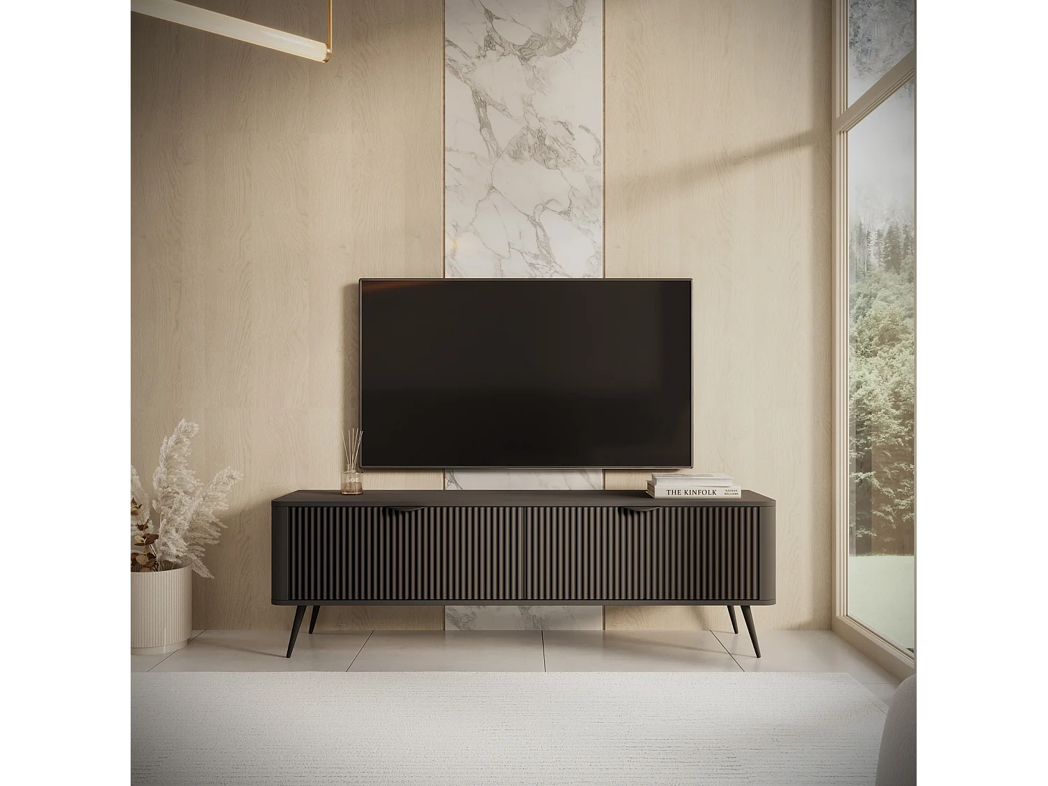 TV-meubel Flore met Geroffelde Fronten en Metalen Poten - Zwart - 163 cm