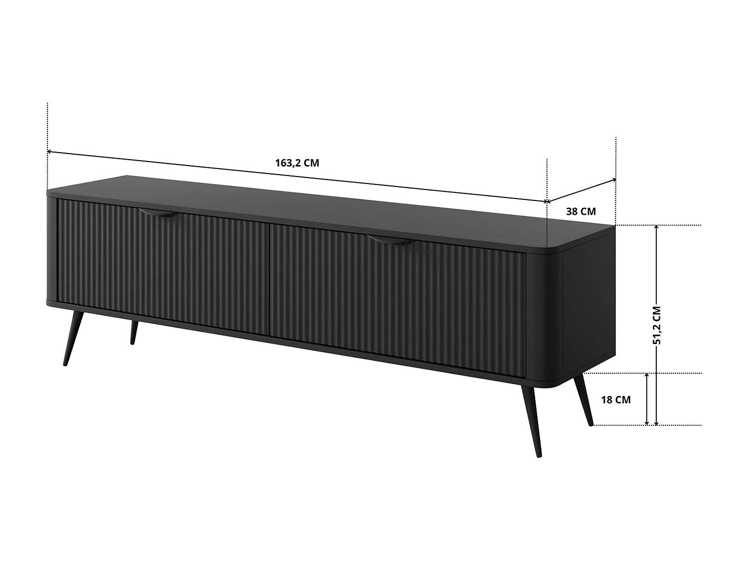 TV-meubel Flore met Geroffelde Fronten en Metalen Poten - Zwart - 163 cm