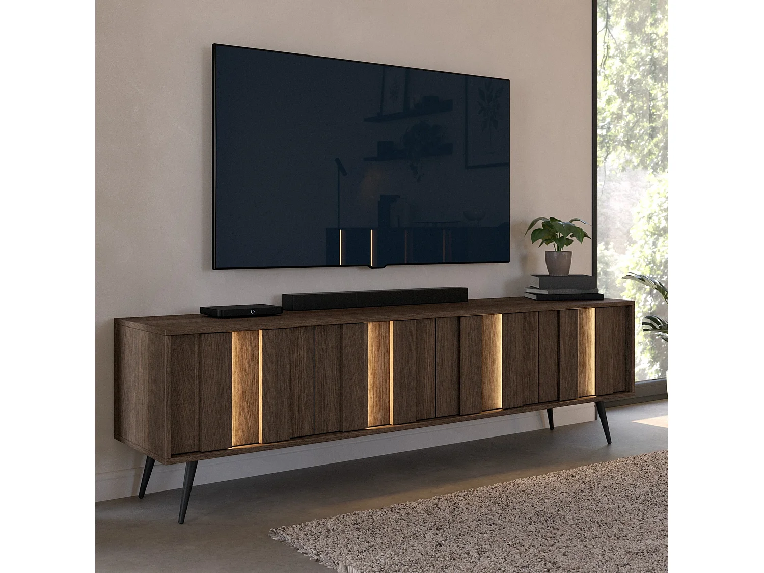 TV-Meubel LUPO 183 cm met 4 Deuren, LED en Metalen Poten - Eiken Dunin