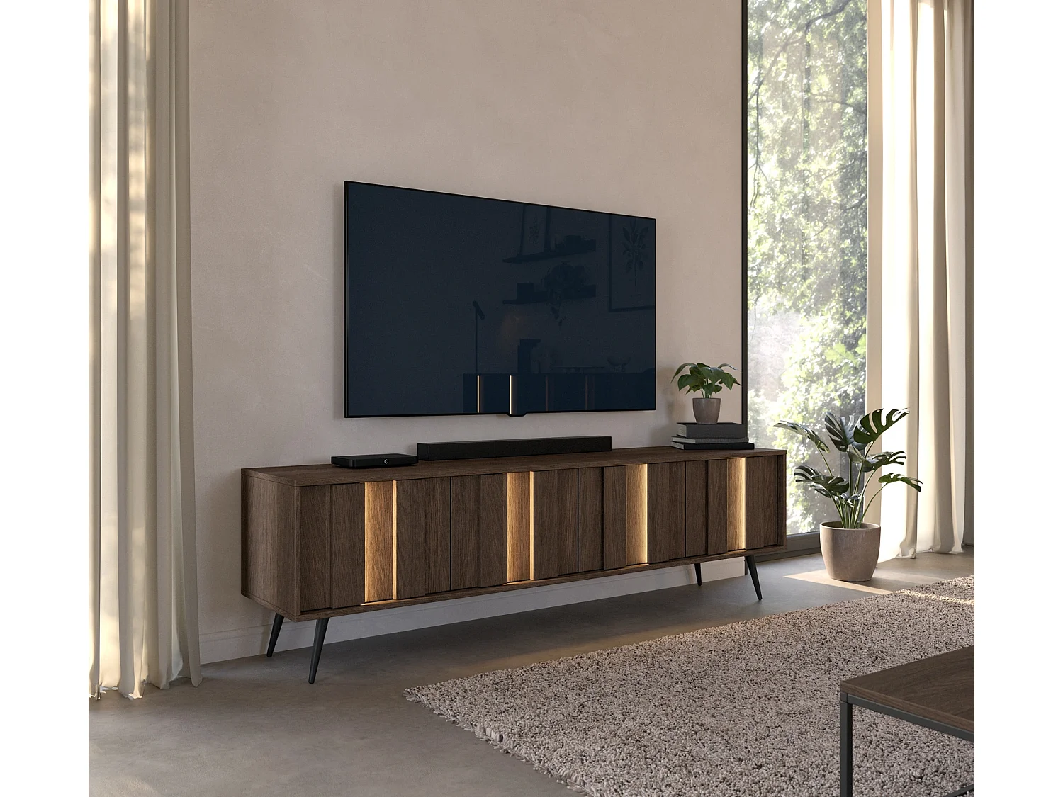 TV-Meubel LUPO 183 cm met 4 Deuren, LED en Metalen Poten - Eiken Dunin