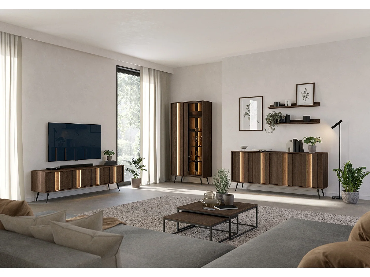 TV-Meubel LUPO 183 cm met 4 Deuren, LED en Metalen Poten - Eiken Dunin