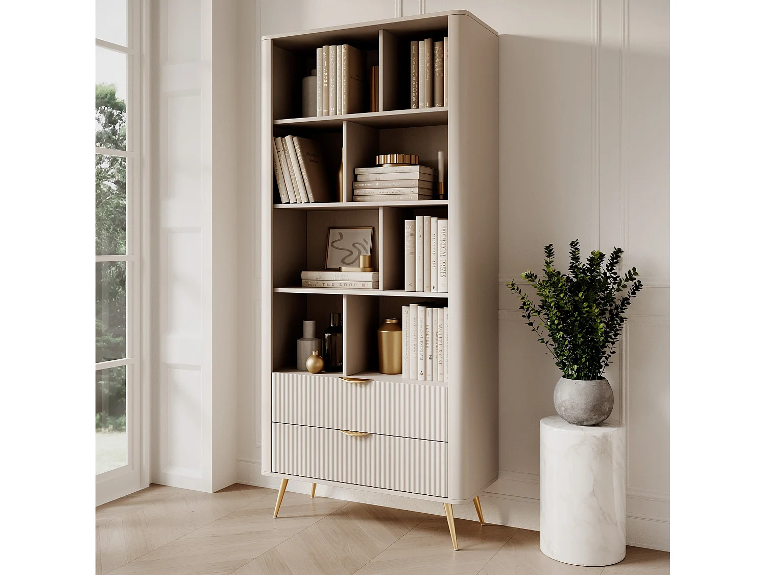 Standregal Flore 2S mit Schubladen und Goldbeinen - Beige und Gold