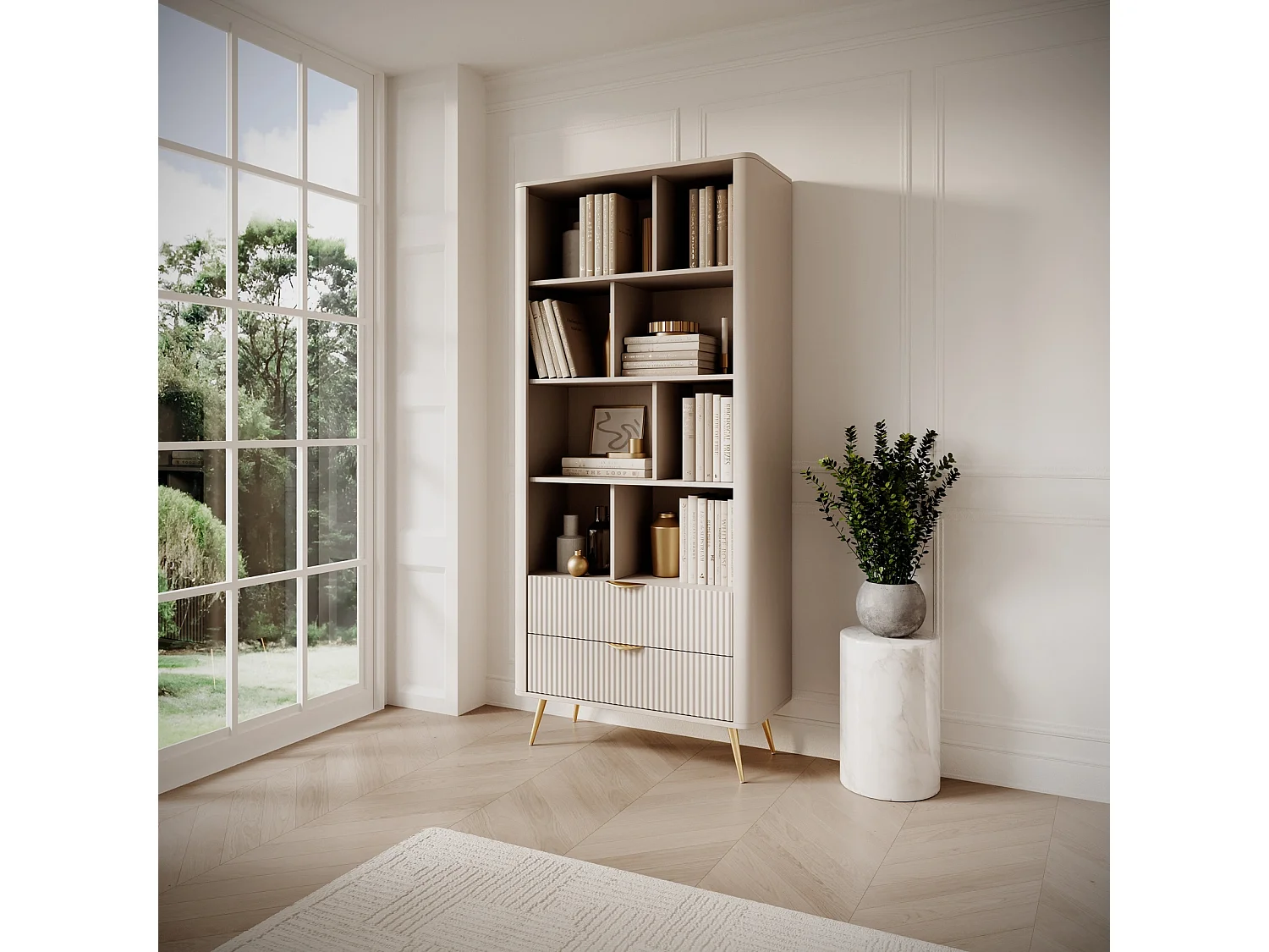 Standregal Flore 2S mit Schubladen und Goldbeinen - Beige und Gold