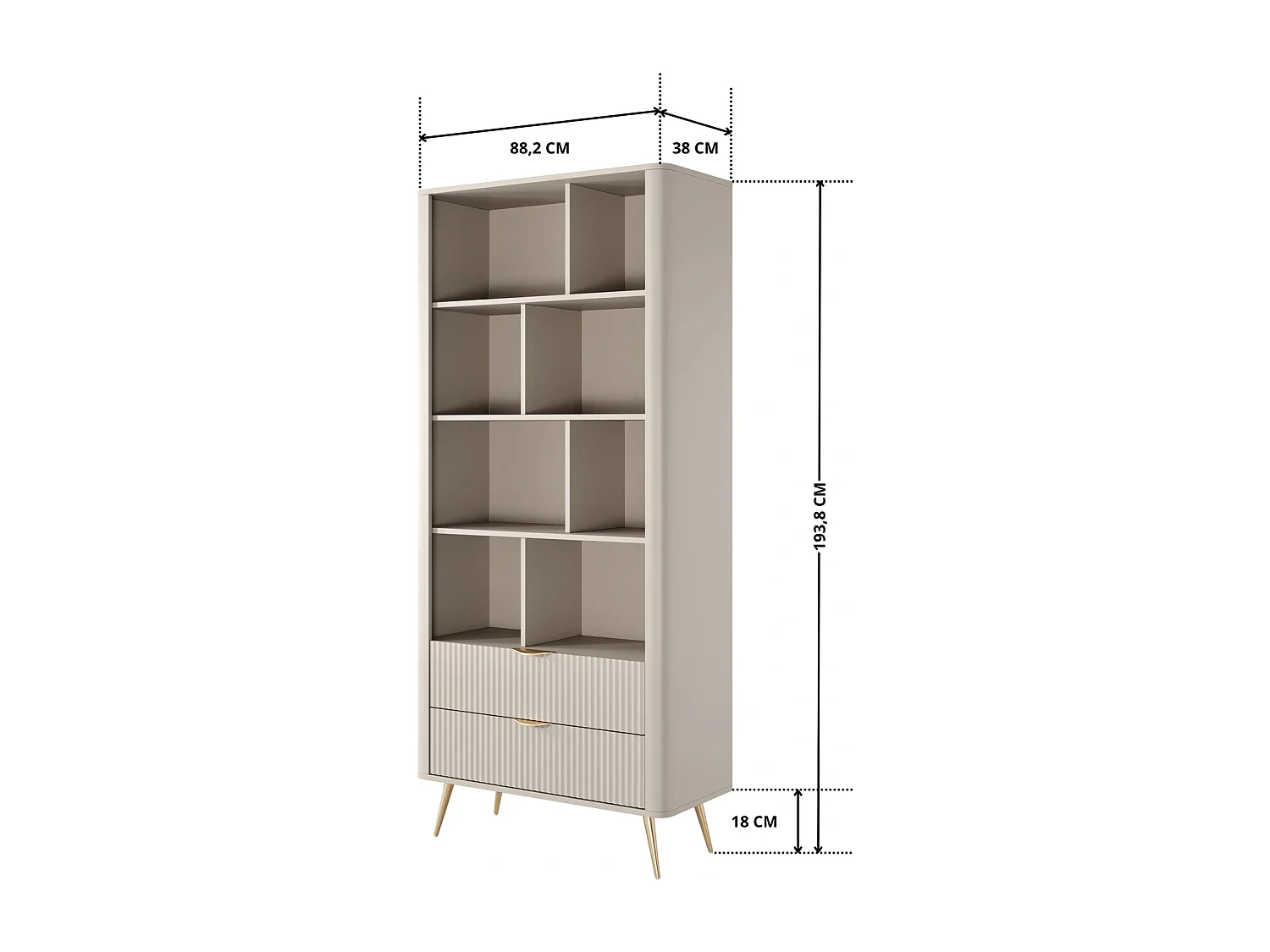 Standregal Flore 2S mit Schubladen und Goldbeinen - Beige und Gold