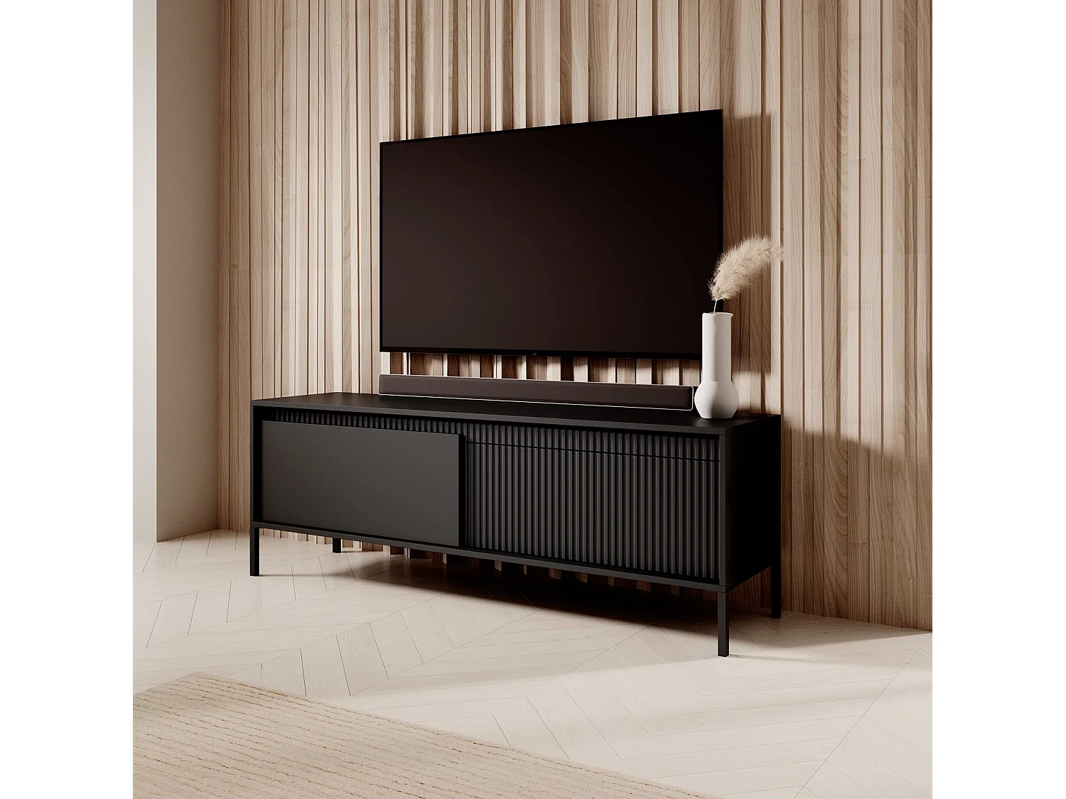 TV-meubel Ferrato D 153 cm met 2 Deuren, Geroffelde Fronten en Metalen Poten - Zwart Mat