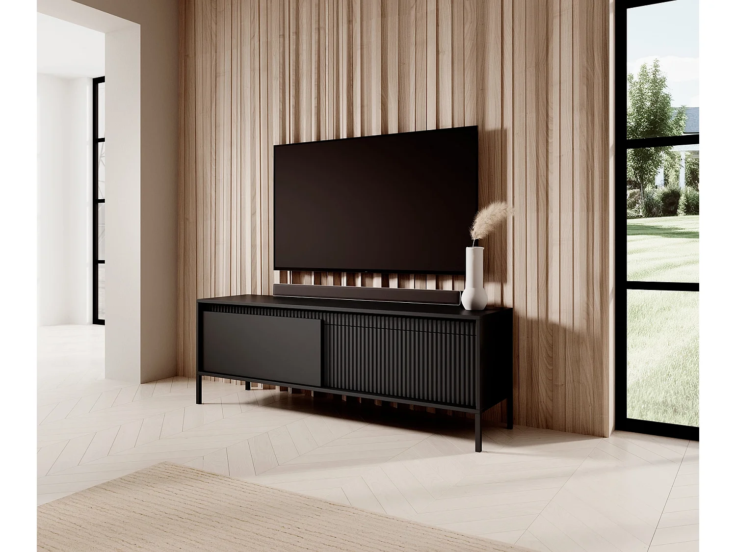 TV-meubel Ferrato D 153 cm met 2 Deuren, Geroffelde Fronten en Metalen Poten - Zwart Mat