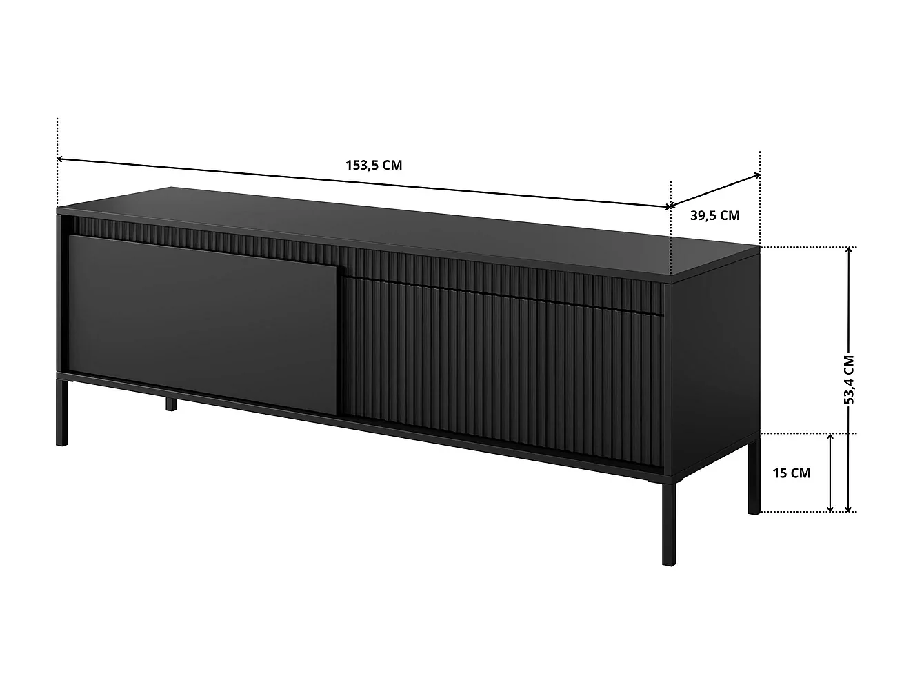 TV-meubel Ferrato D 153 cm met 2 Deuren, Geroffelde Fronten en Metalen Poten - Zwart Mat