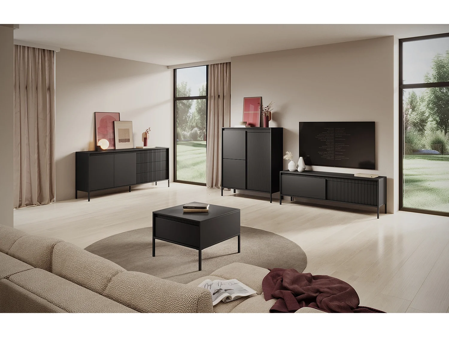 TV-meubel Ferrato D 153 cm met 2 Deuren, Geroffelde Fronten en Metalen Poten - Zwart Mat