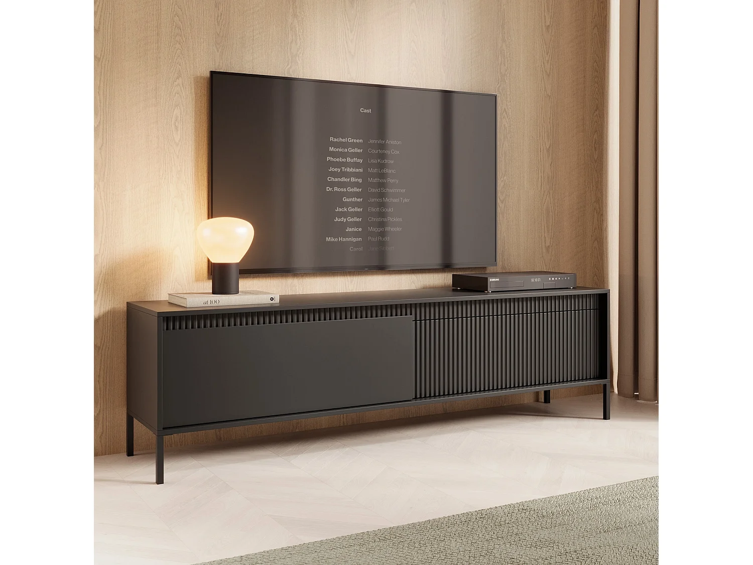 TV-meubel XXL Ferrato E 187 cm met 2 Deuren, Geroffelde Fronten en Metalen Poten - Zwart Mat