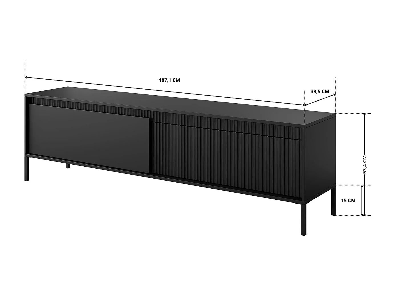 TV-meubel XXL Ferrato E 187 cm met 2 Deuren, Geroffelde Fronten en Metalen Poten - Zwart Mat
