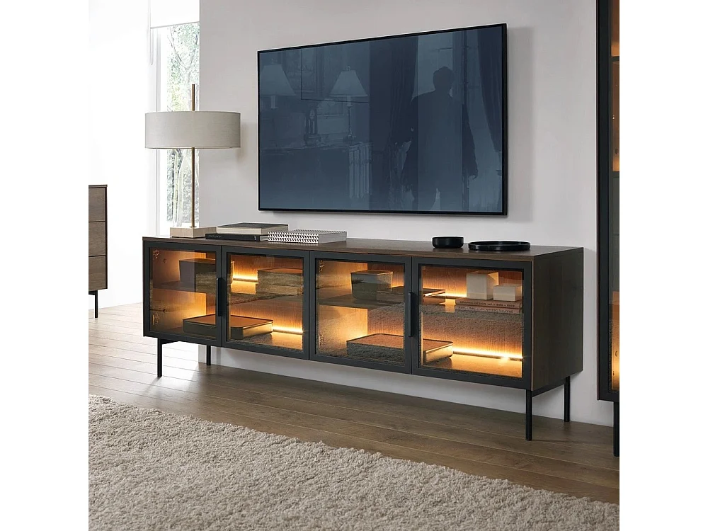 TV-Meubel LUMI 181 cm - Dunin Eiken, 4 Glazen Deuren (Bruin Glas) en LED