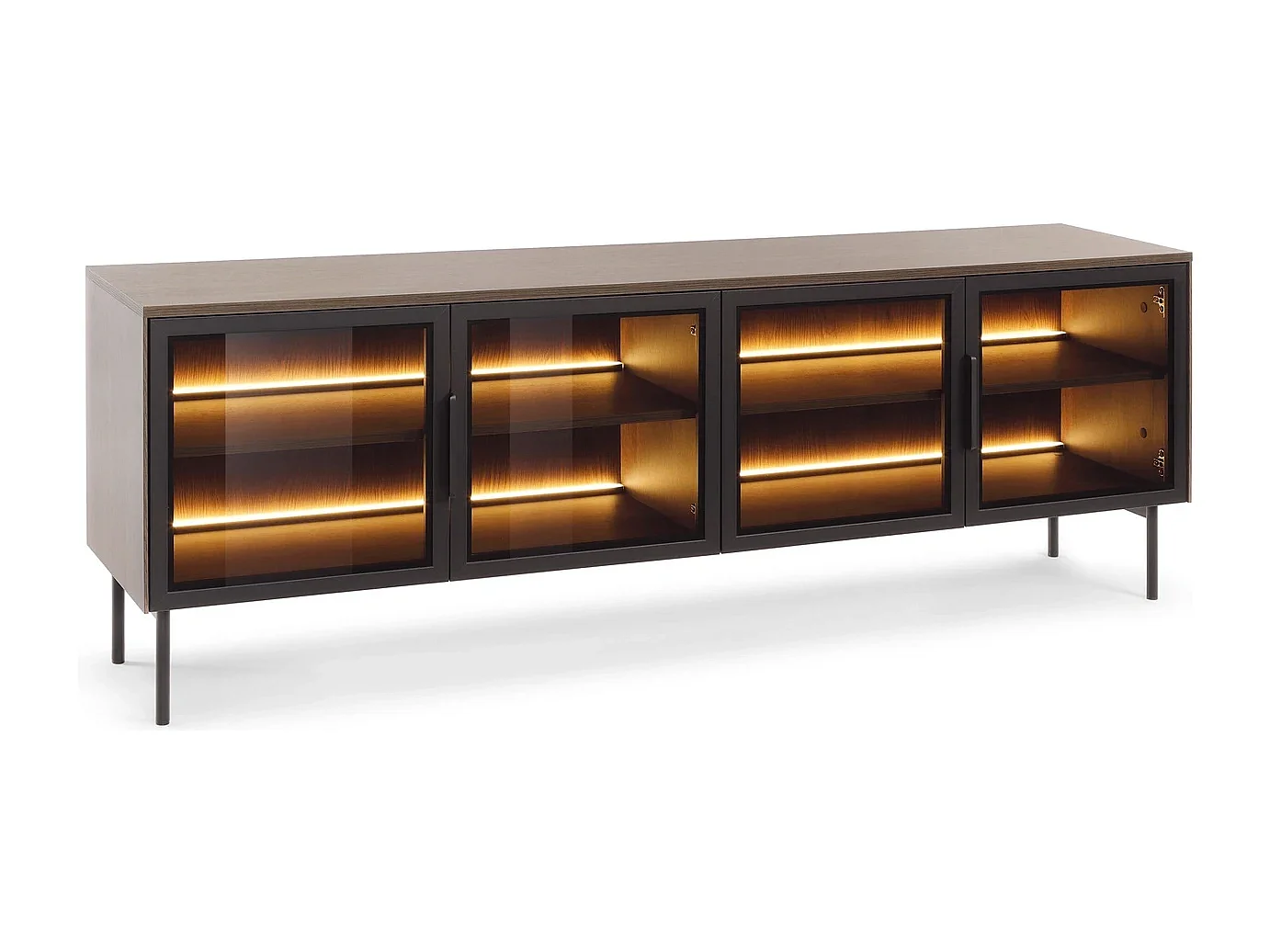 TV-Meubel LUMI 181 cm - Dunin Eiken, 4 Glazen Deuren (Bruin Glas) en LED