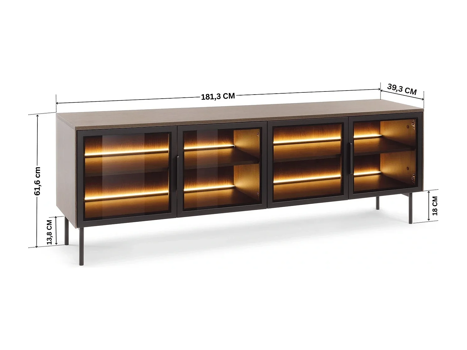 TV-Meubel LUMI 181 cm - Dunin Eiken, 4 Glazen Deuren (Bruin Glas) en LED
