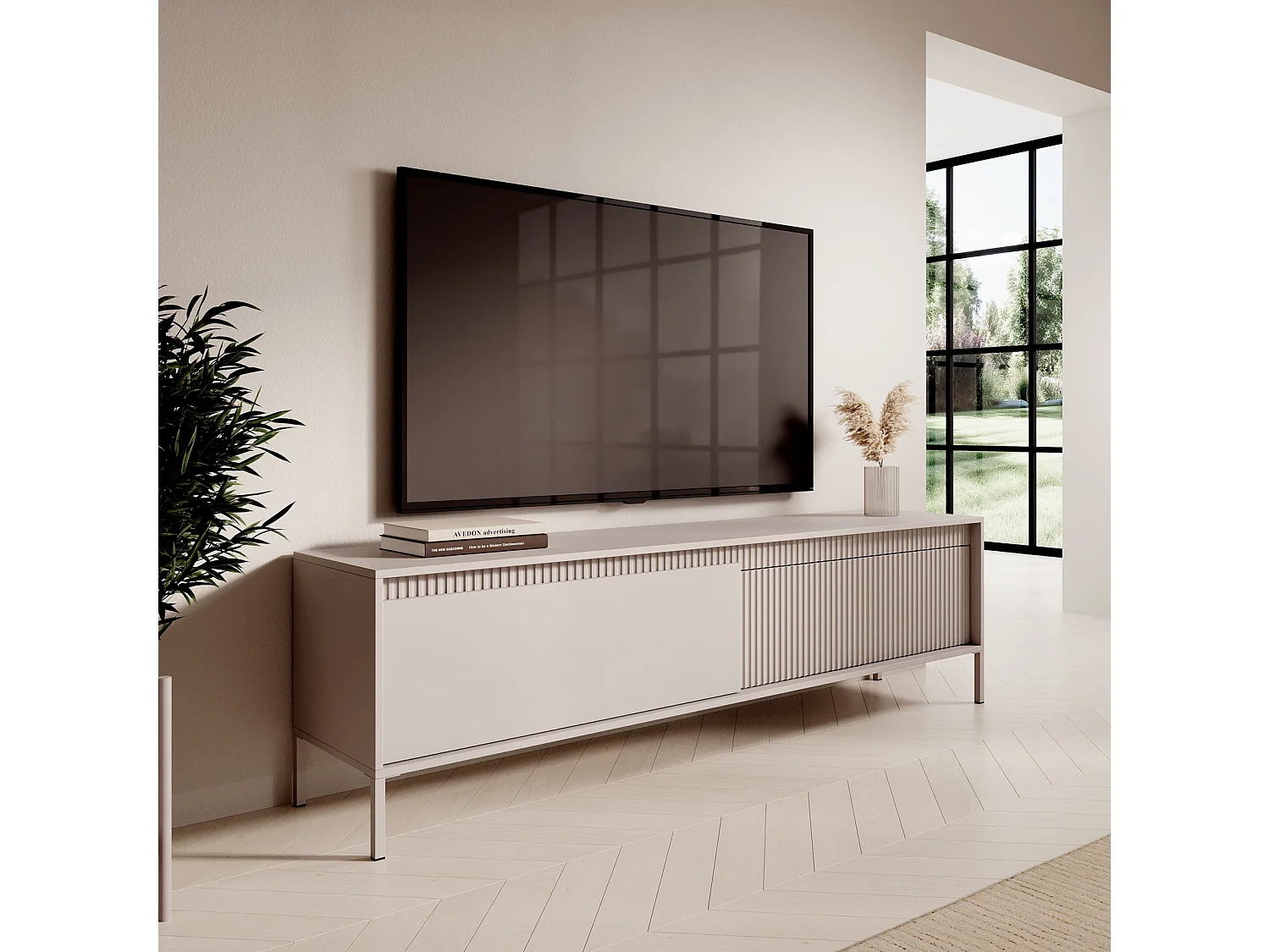 TV-meubel XXL Ferrato E 187 cm met 2 Deuren, Geroffelde Fronten en Metalen Poten - Beige