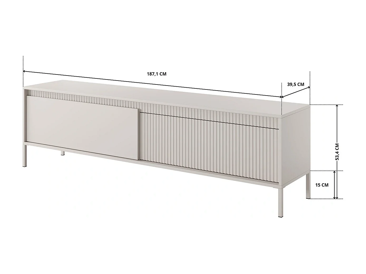 TV-meubel XXL Ferrato E 187 cm met 2 Deuren, Geroffelde Fronten en Metalen Poten - Beige