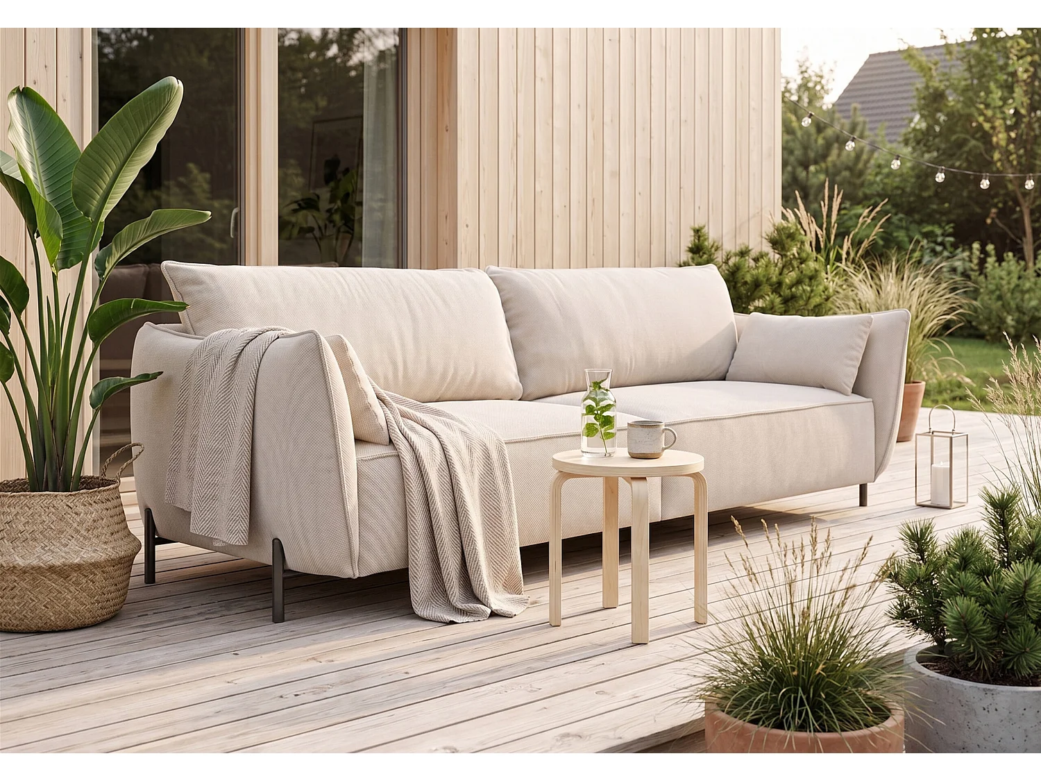 Sofa 3-osobowa na taras i ogród, tkanina Sunlight, Ecru, SUNMEE