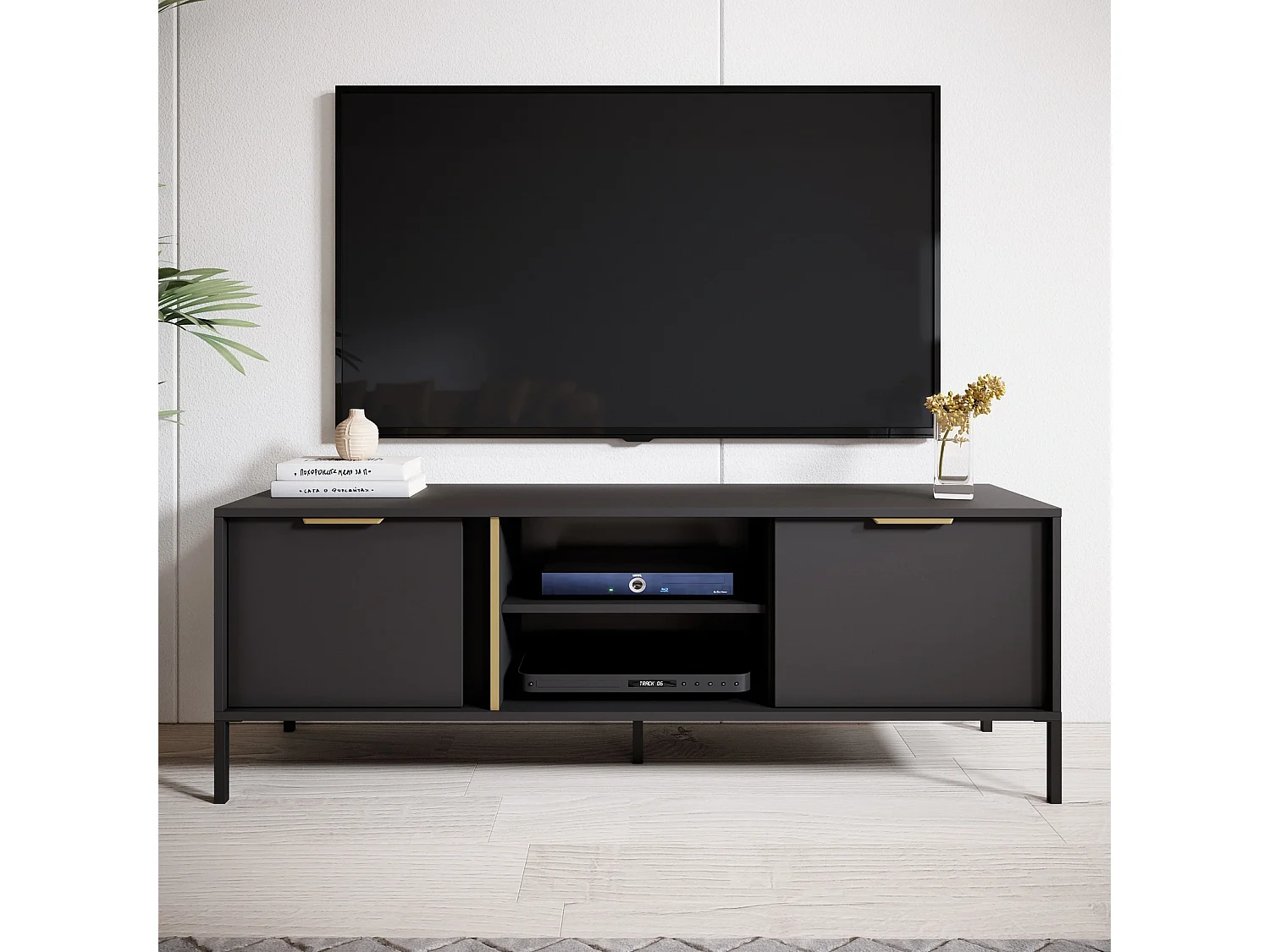 TV-meubel Valdi G 153 cm met 2 Deuren, Open Nis en Gouden Details - Antraciet