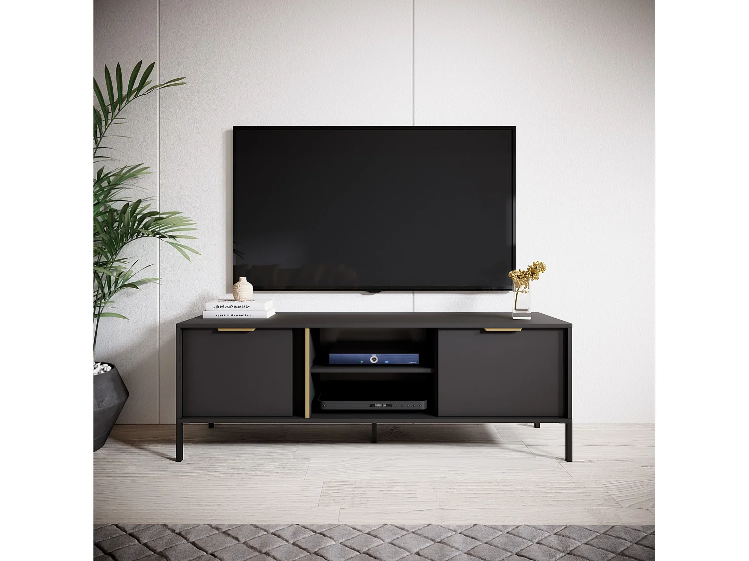 TV-meubel Valdi G 153 cm met 2 Deuren, Open Nis en Gouden Details - Antraciet