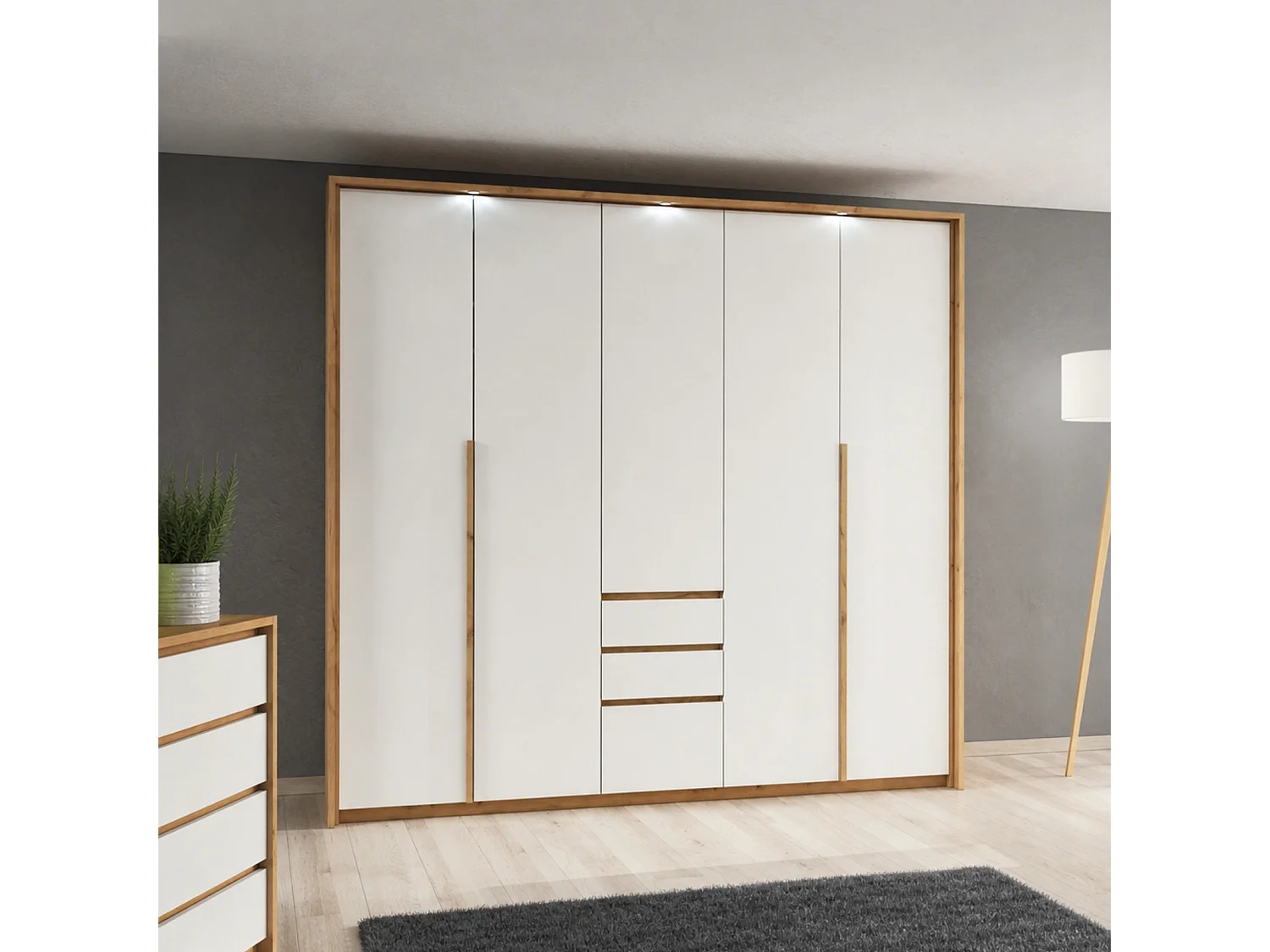 Kleiderschrank CORSA 230 cm mit Falttüren, Passepartout, 3 Schubladen und LED - Eiche Craft Gold / Weiß