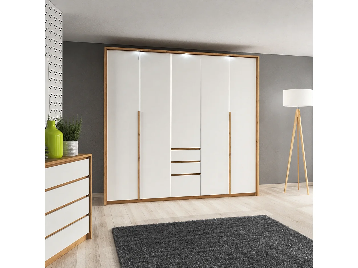 Kleiderschrank CORSA 230 cm mit Falttüren, Passepartout, 3 Schubladen und LED - Eiche Craft Gold / Weiß