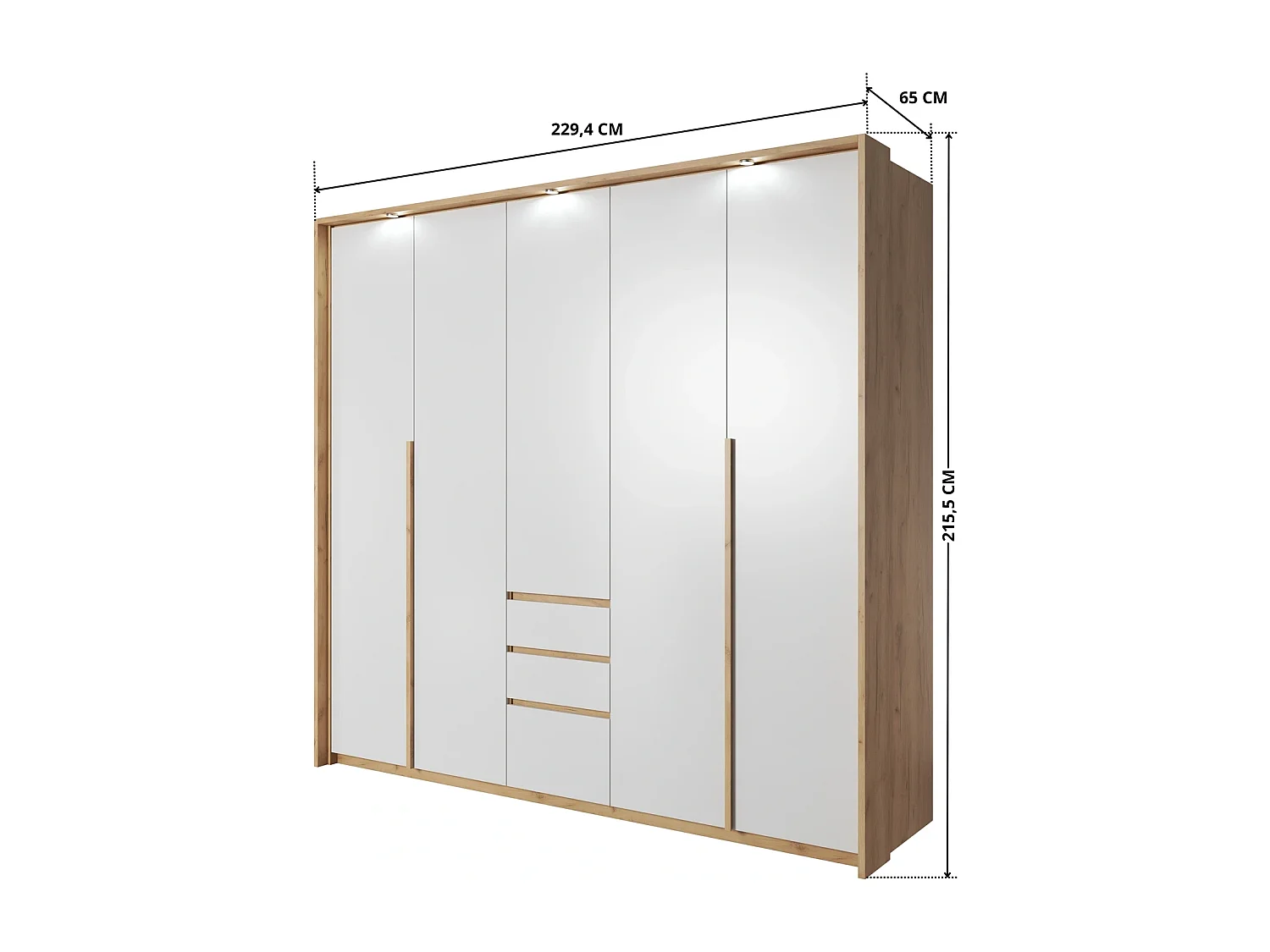 Kleiderschrank CORSA 230 cm mit Falttüren, Passepartout, 3 Schubladen und LED - Eiche Craft Gold / Weiß