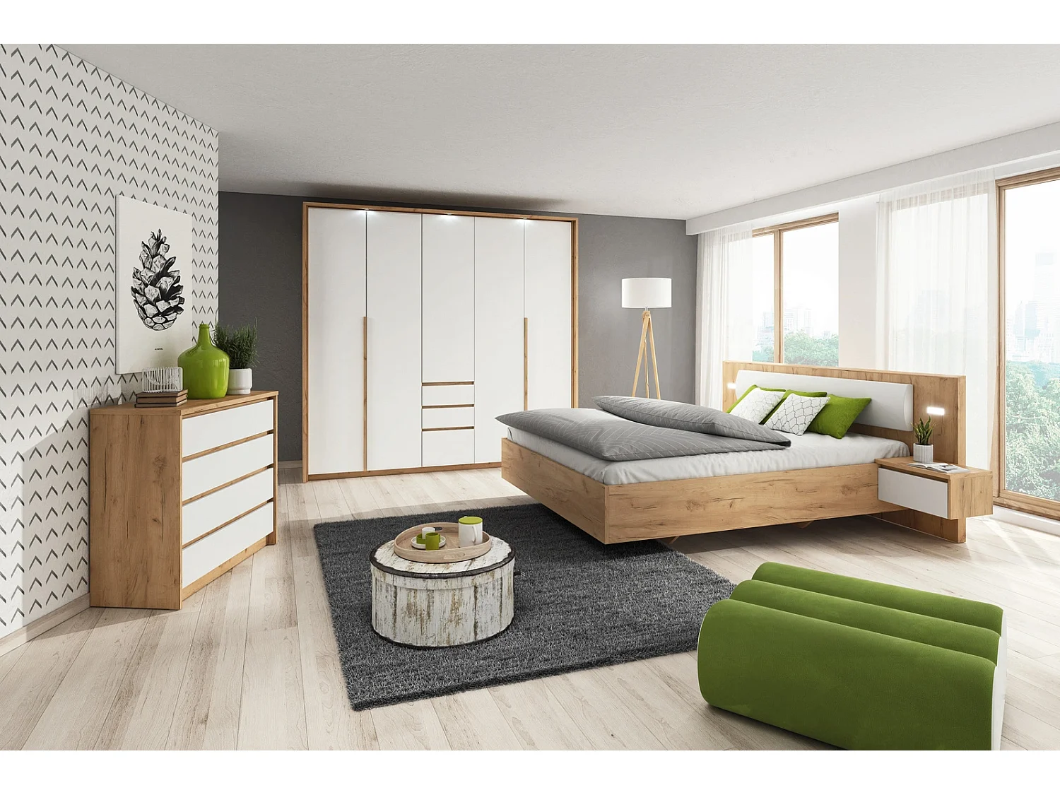 Kleiderschrank CORSA 230 cm mit Falttüren, Passepartout, 3 Schubladen und LED - Eiche Craft Gold / Weiß
