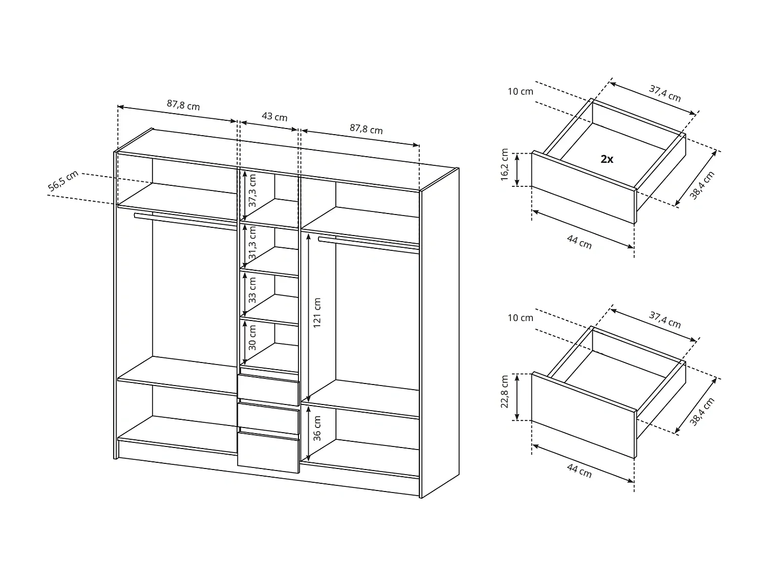 Kleiderschrank CORSA 230 cm mit Falttüren, Passepartout, 3 Schubladen und LED - Eiche Craft Gold / Weiß