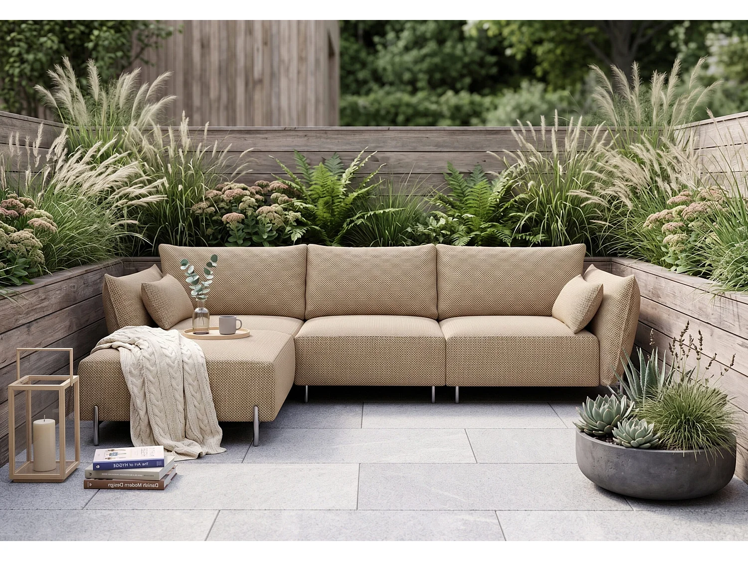 Gartenecksofa für Terrasse und Garten, Stoff Sunlight, Toffee, Links, SUNMEE
