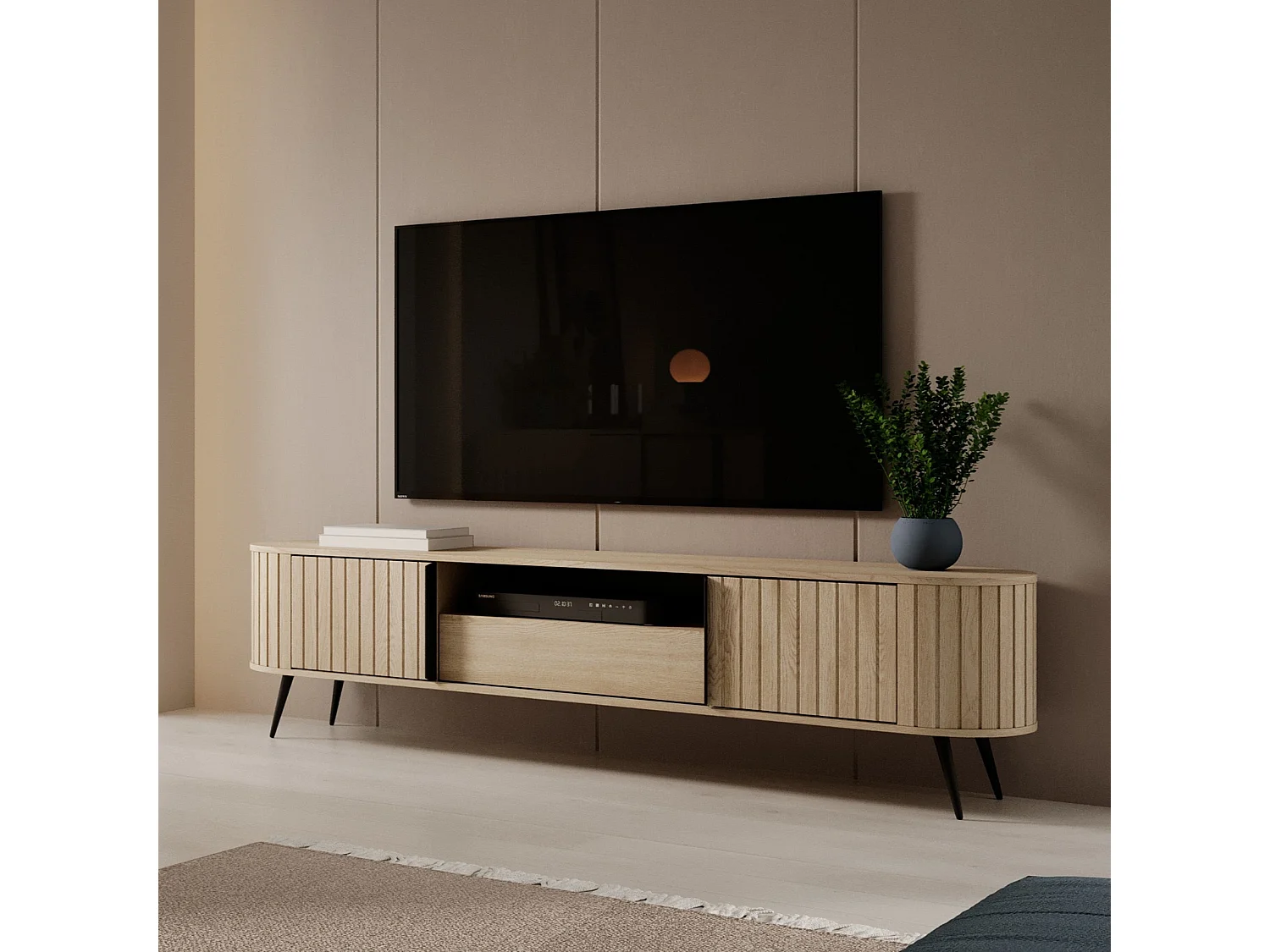 TV-Meubel LOVI 196 cm - Cremona Eiken, Geribbelde Fronten en Schuifdeuren