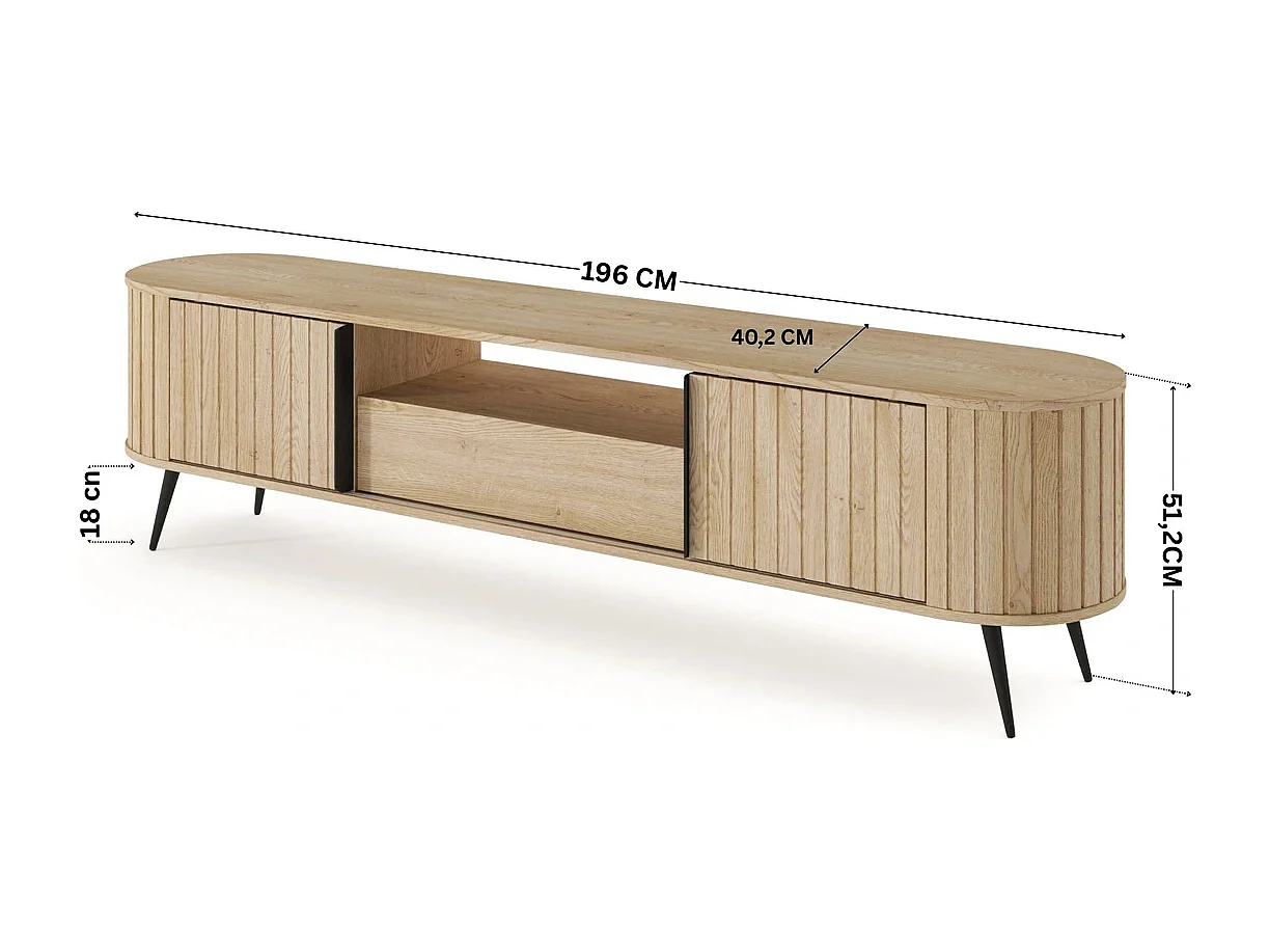 TV-Meubel LOVI 196 cm - Cremona Eiken, Geribbelde Fronten en Schuifdeuren