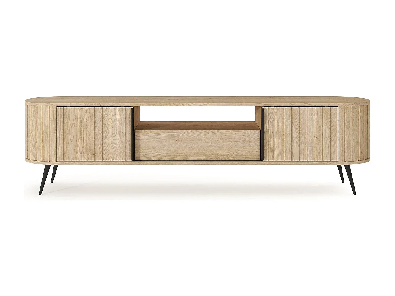 TV-Meubel LOVI 196 cm - Cremona Eiken, Geribbelde Fronten en Schuifdeuren