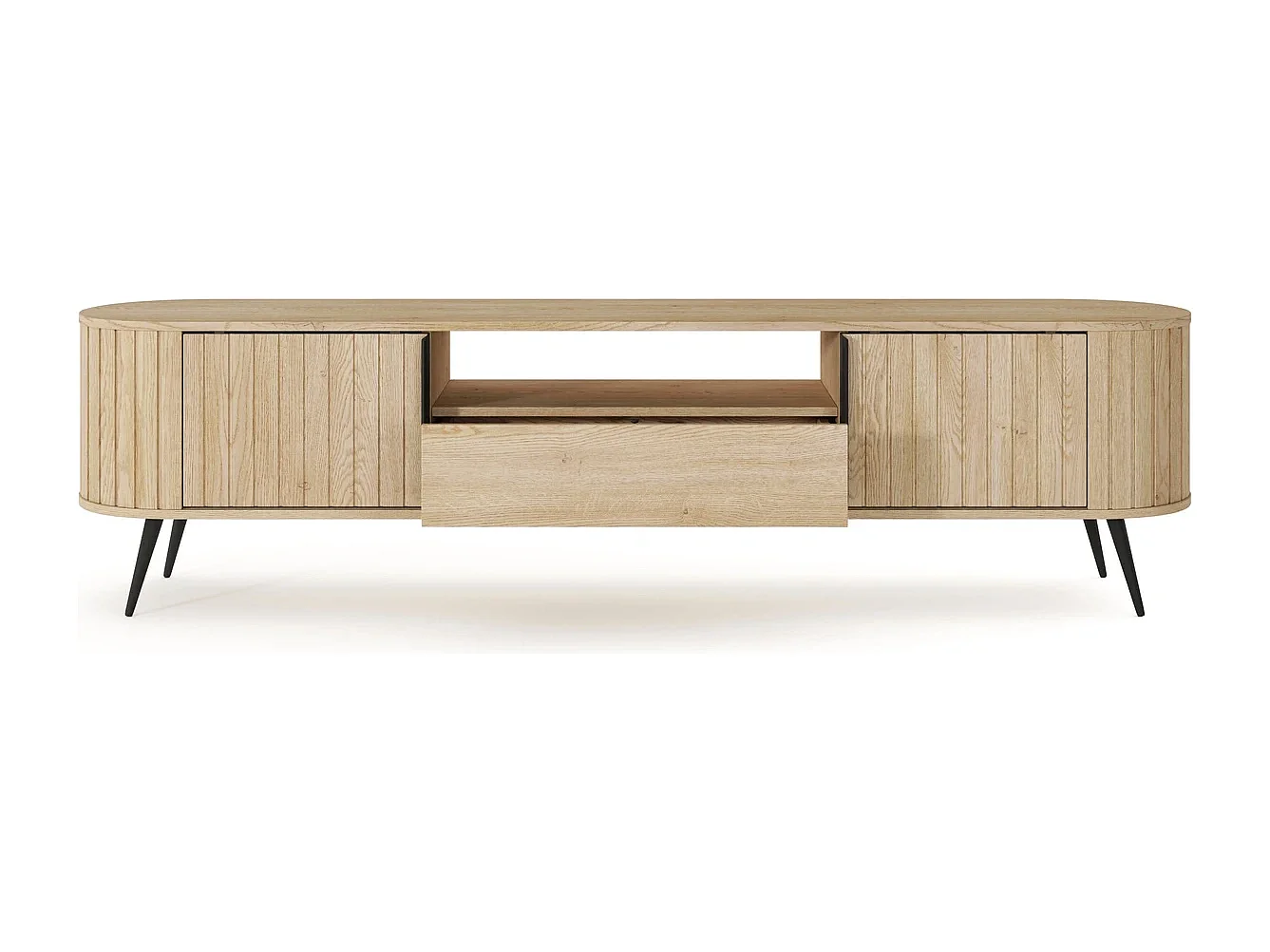TV-Meubel LOVI 196 cm - Cremona Eiken, Geribbelde Fronten en Schuifdeuren